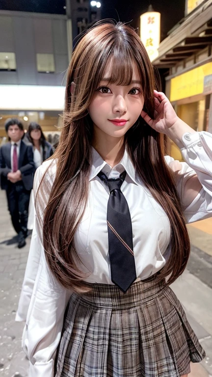 (8K, RAW Photos, Highest quality, masterpiece:1.2), (Realistic, photo-Realistic:1.4), (非常に詳細な 8K 壁紙), Sharp focus, Written boundary depth, Blur the background, Bokeh, Cinema Lighting, Soft Light, Glossy Lips, 美しいAttention to detail目,shiny smooth light brown Long Bob Hair, Asymmetrical bangs, Shiny skin, High resolution, Attention to detail, Detailed hairstyle, Detailed face, Octane Rendering, Vibrant, hyper Realistic, Perfect limbs, Perfect Anatomy ,1 Japanese girl,Famous idols of Japan, Perfect female body, Large Breasts,smile,Long Bob Hair, (school uniform : 1.3), View your audience, (Please raise your hand, Crowded street:1.3),Cowboy Shot