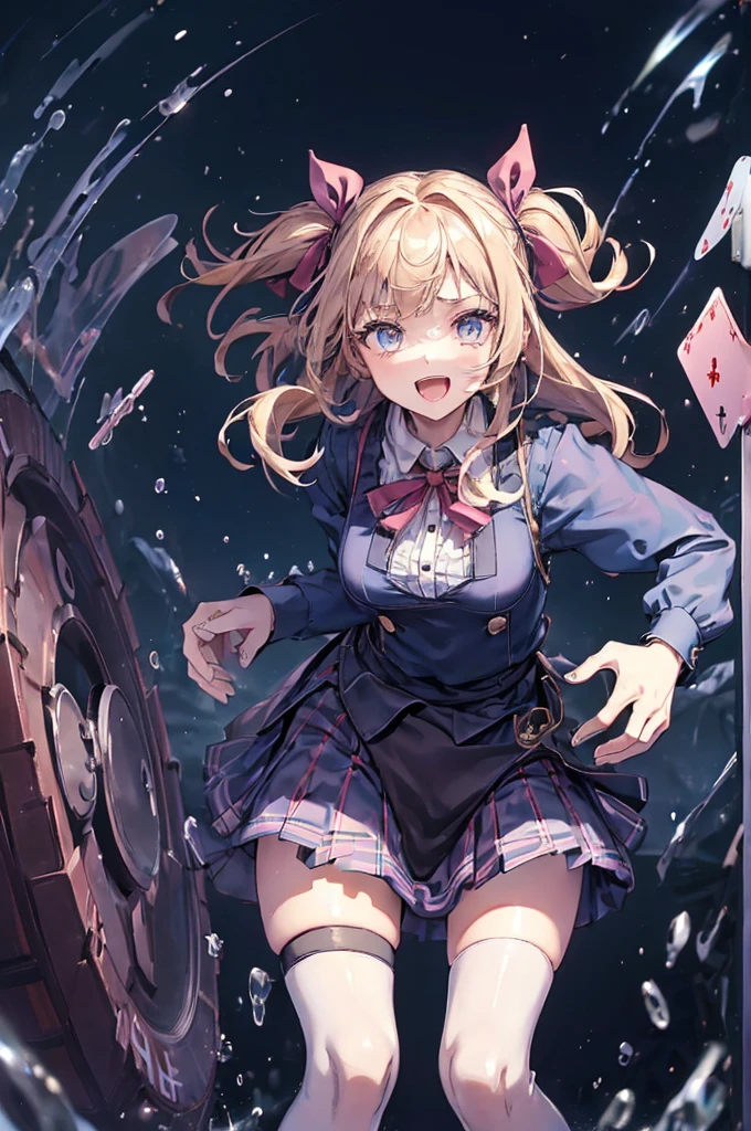 shinny skin, BREAK, ((alice in the wonderland:1.3, cute, kawaii, lovely, funny, a girl falling down from sky:1.3, girl flying in sky:1.4, girl floating in air:1.5, rolling upskirt by wind:1.6, (with sparkling eyes and a contagious smile),open mouth, Looking at Viewer, surprised, putting hands on crotch over the skirts:1.6)), BREAK, ((floating things as follows:1.3, PlayingCards, Trump, tea cup, tea pot, tea spoons, pocket watch:1.3, lip sticks, candies:1.2, cookies, jam bottles, classical door_keys)), ((long purply_Blue dress :1.5, wearing long flaired skirt:1.3, the skirt is blowing:1.3, cute pink Apron, black stocking:1.2,garter stocking, cleavage:1.2, midriff, black shorts, black thighhighs, thigh strap, medium long platinum-blonde hair:1.2, twin tail hair:1.6, tied hair with a large ribbon), (Blue eyes, bright pupils with highlights, detailed eyes),