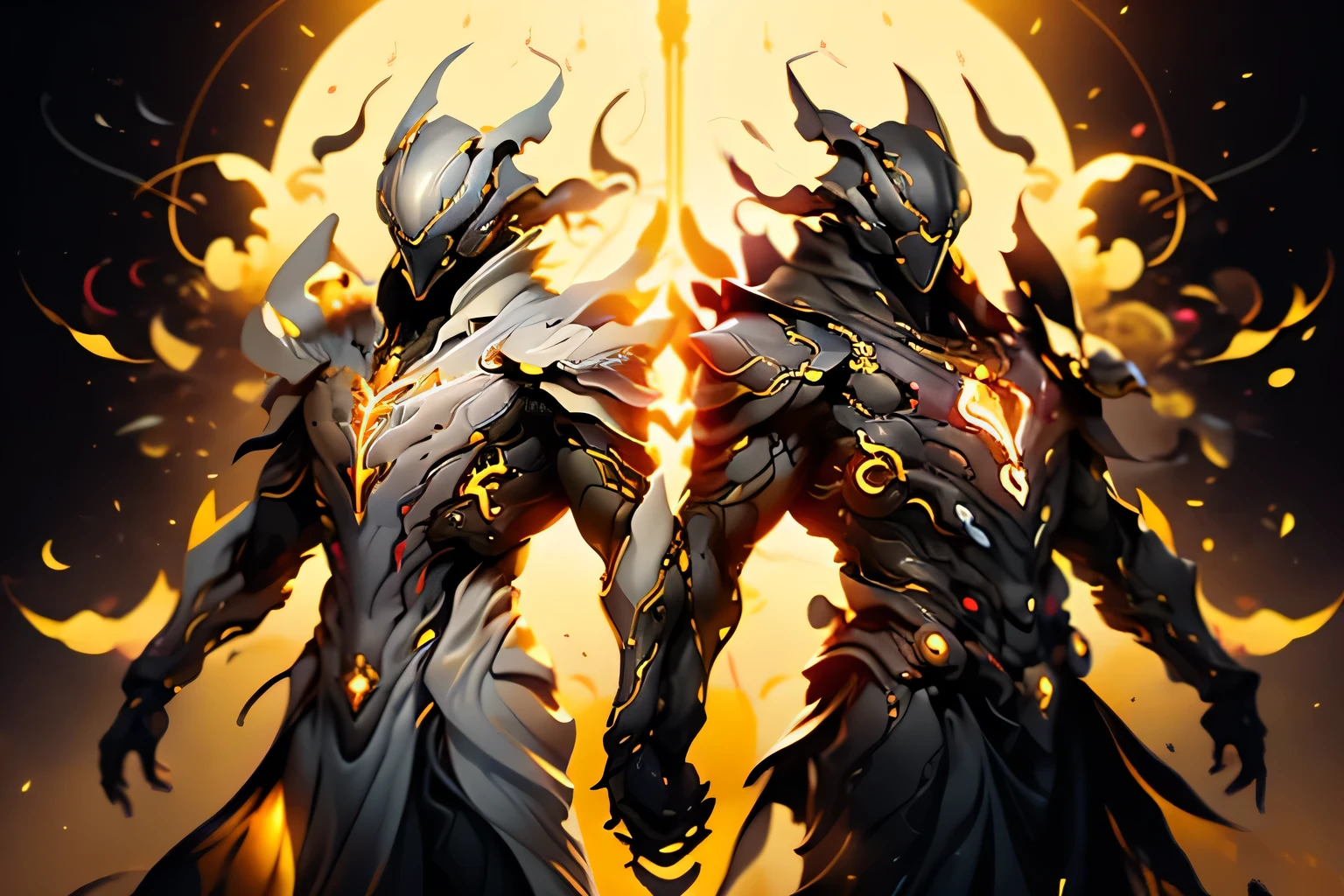 Beautifully detailed images，Depicts two people, Radiate magical energy. Shiny and sharp blade,Divine Light, Bends and twists when reaching from one hand to the other, Create a mesmerizing, Pale flames rotate ethereal trajectory. The surrounding room is bathed in white light, Deep golden light. Macro lens, Prime Time, Soft lighting