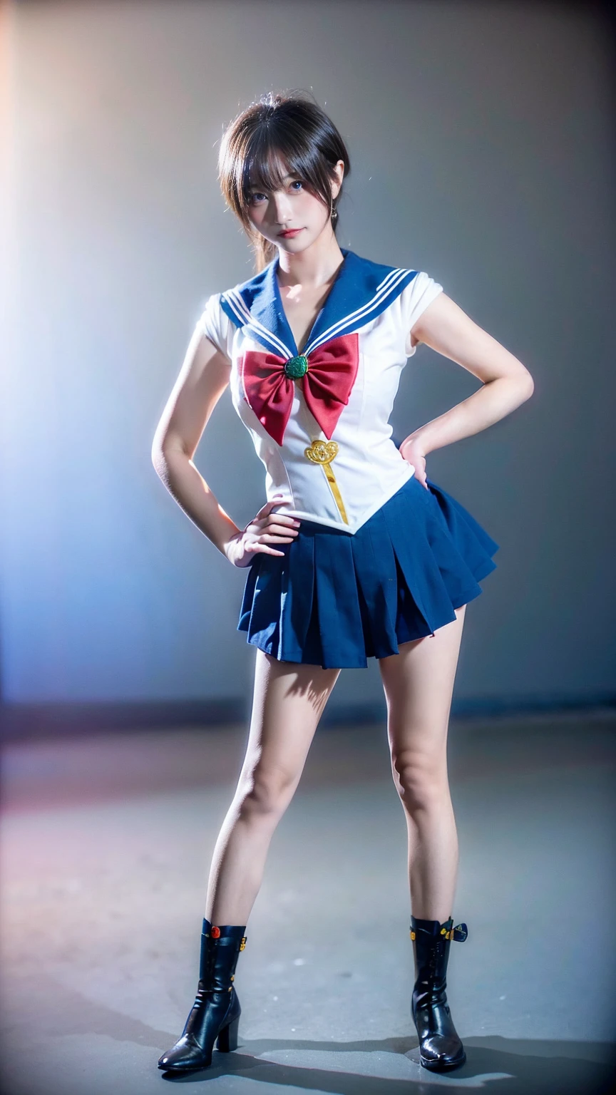 (8K、RAW Photos、Highest quality、masterpiece:1.2)、(Realistic、Realistic)、1 Girl、((Sailor Moon Costume:1.2、Thin legs、whole body、View from the front、smile、Looking into the camera、Stand with hands on hips))、cute