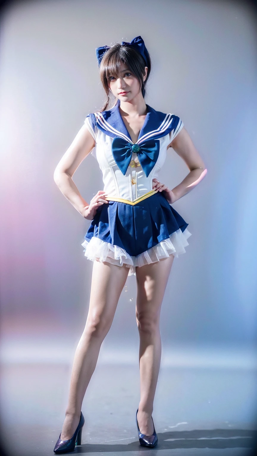 (8K、RAW Photos、Highest quality、masterpiece:1.2)、(Realistic、Realistic)、1 Girl、((Sailor Moon Costume:1.2、Thin legs、whole body、View from the front、smile、Looking into the camera、Stand with hands on hips))、cute