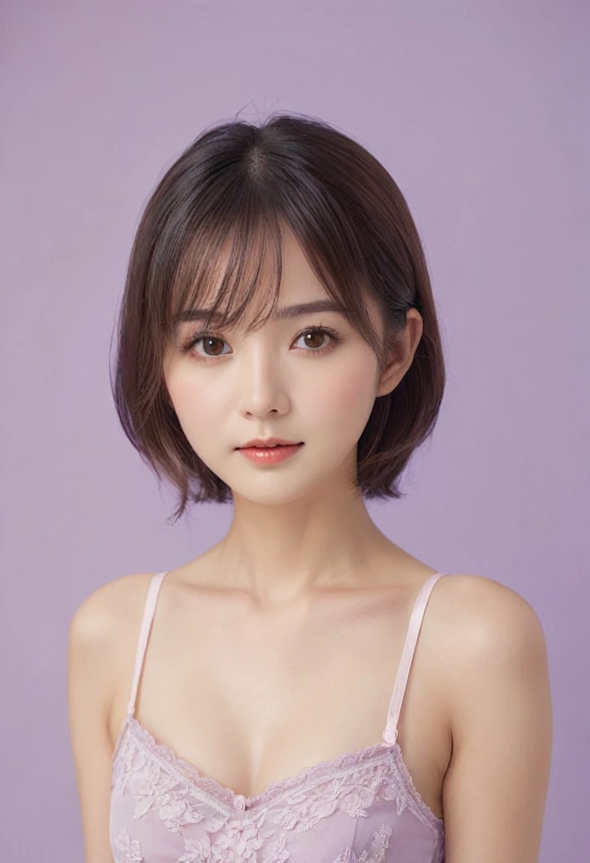 one girl, (a beauty girl, delicate girl:1.3), (:1.3),
BREAK, (Cute lingerie, navel:1.2),
BREAK, (lavender background:1.3),
BREAK, very fine eyes, (symmetrical eyes:1.3),
BREAK, (small breasts:0.5), brown eyes, parted bangs, brown hair,
BREAK, (eyes and faces with detailed:1.0),
BREAK, (masterpiece, best quality, ultra detailed, detailed face, 8K)、Mature Woman、45 years old