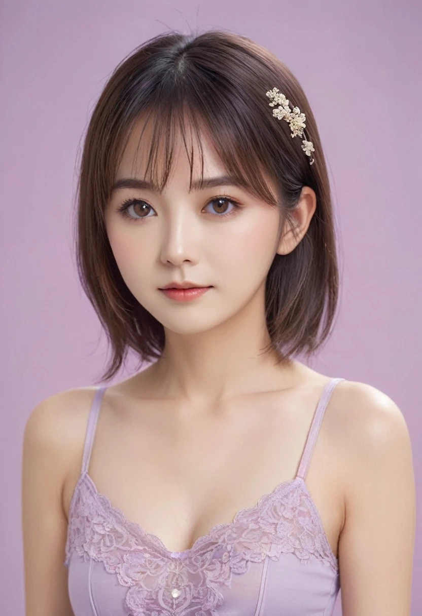 one girl, (a beauty girl, delicate girl:1.3), (:1.3),
BREAK, (Cute lingerie, navel:1.2),
BREAK, (lavender background:1.3),
BREAK, very fine eyes, (symmetrical eyes:1.3),
BREAK, (small breasts:0.5), brown eyes, parted bangs, brown hair,
BREAK, (eyes and faces with detailed:1.0),
BREAK, (masterpiece, best quality, ultra detailed, detailed face, 8K)、Mature Woman、45 years old