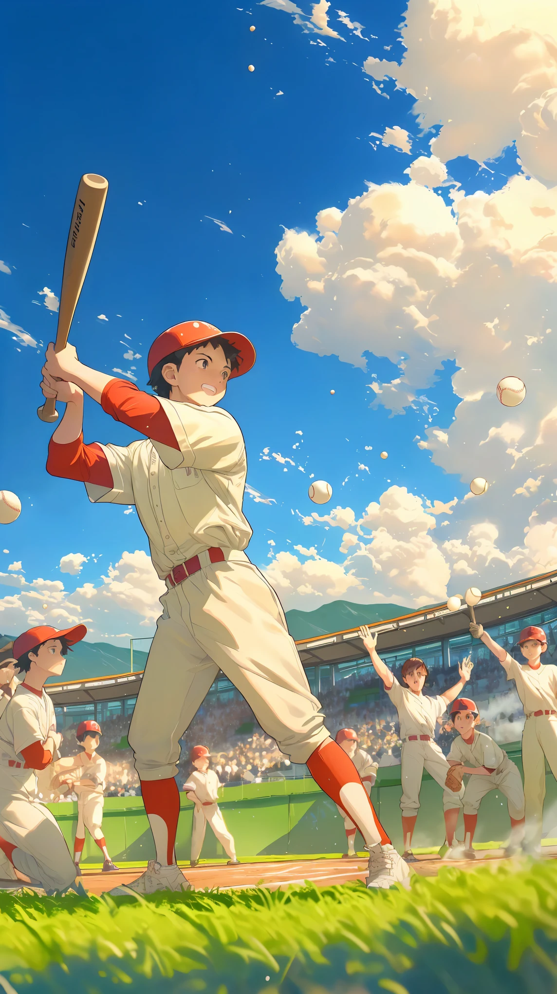 Cartoon baseball player playing baseball in the stadium on the sky background, Rob Rey and Kentaro Miura style, Official animation stills, Official Art, Official Anime Artwork, high detailed Official Artwork, 高品质Anime Stills, Anime Stills, jc leyendecker and sachin teng, ( ( Shinkai Makoto ) ), Today's selection of animation stills