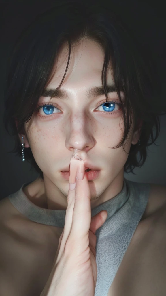there is a man with his hand on his face making a gesture, clear and penetrating eyes, give your mouth, light blue eyes, piercing blue eyes, with small nose, sky blue eyes, bright and penetrating eyes, jungkook\'s grecian nose, fine nose, clear eyes looking at the camera, clear and intriguing and penetrating eyes, small nose, piercing blue eyes, bright blue eyes, jungkook with freckles, pale skinned man, pale man with freckles.