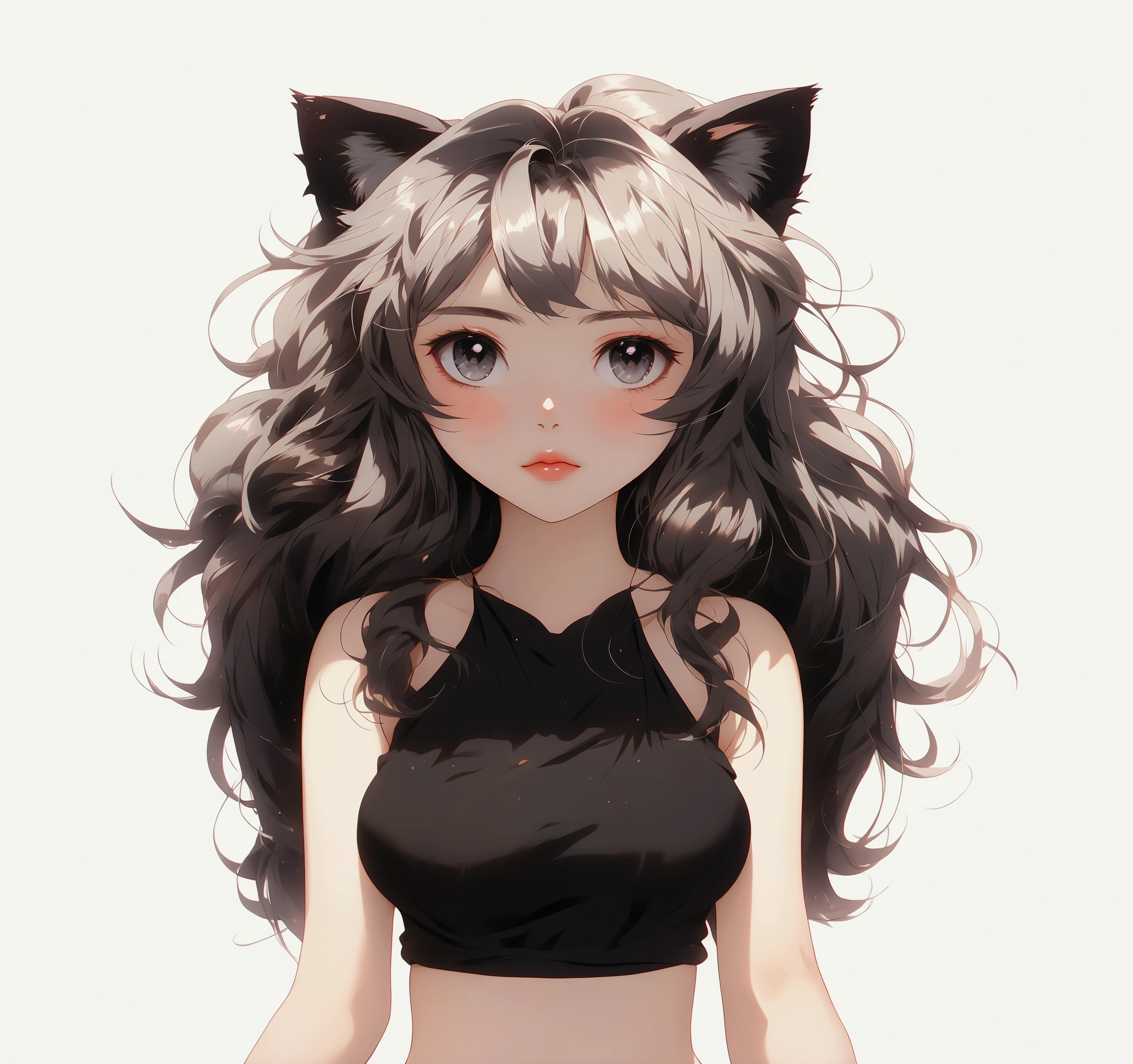 anime girl with long hair and cat ears wearing a black top, foxy eyes, lady, young