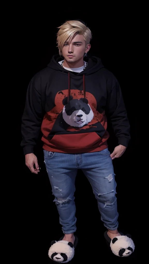 A full body man, with short blonde hair, with hoodie, with jeans, with panda slippers on feet.