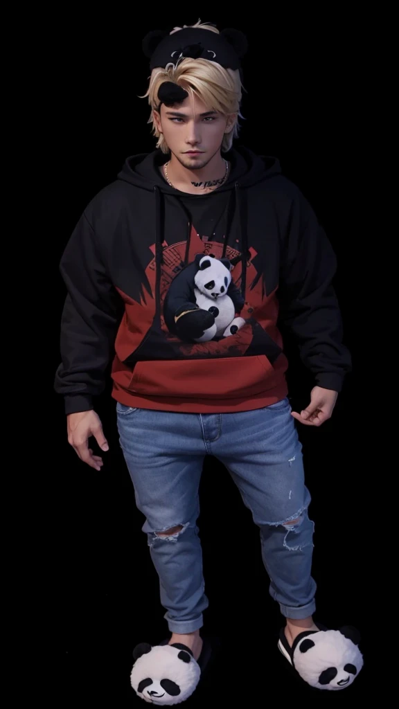 A full body man, with short blonde hair, with hoodie, with jeans, with panda slippers on feet.