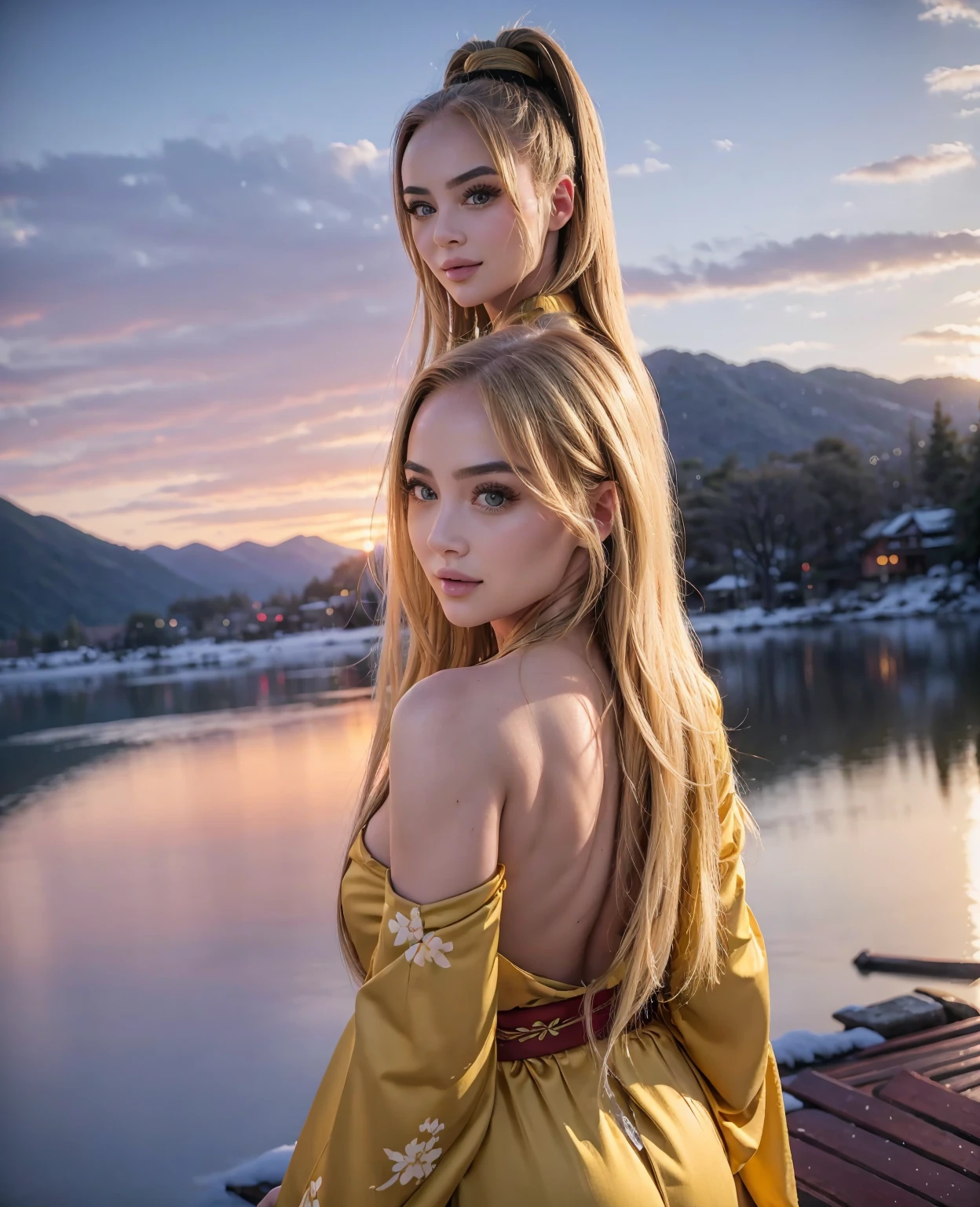 asuna, masterpiece, best quality, detailed, (1girl), solo, detailed golden eyes, long hair, standing, close to viewer, (detailed kimono), light smile, medium breasts,  (arms behind back), water, sunset, (hair ornament), (Sakura bloom),  snow mountain lake in the background