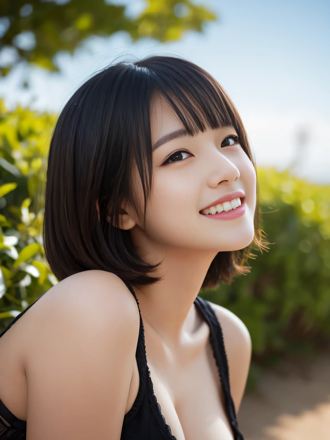 (1girl:1.3), Masterpiece, Best quality, amazing beauty, 4K, absurdres, finely detail, super detailed eye, perfect anatomy, official art, cinematic lighting, BREAK, garden, sandy beach, silky bob cut, black hair, super shiny detailed black eye, tareme, Looking at Viewer(camera), happy face, Rejoicing, BREAK , big breasts, diminutive, fair skin, Are standing, full body, BREAK , , BREAK,()