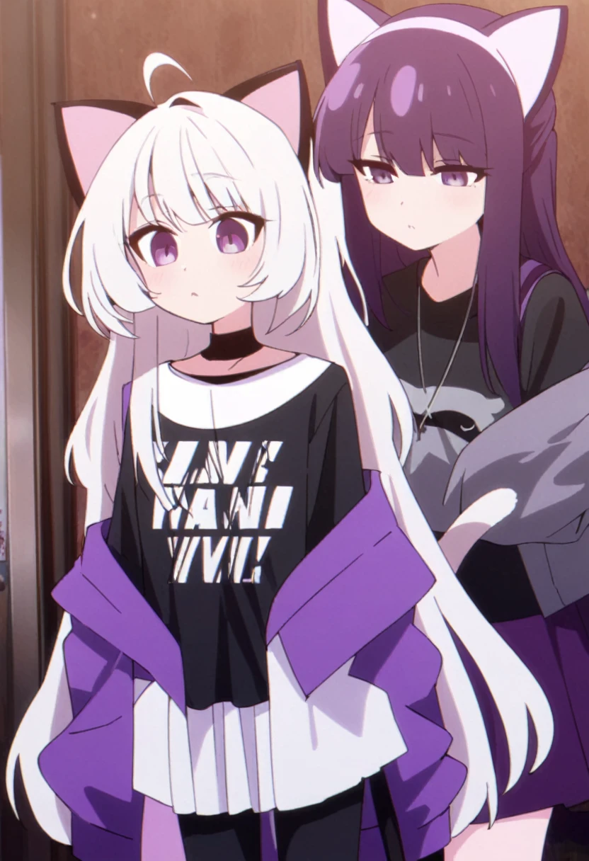anime girl (long grey hair:1.1), medium breast, grey-black hair, cat ear , oversize sweatshirt,oversize sleeves, devil tail, devil eyes,eyes, small breast, red neon circle in background