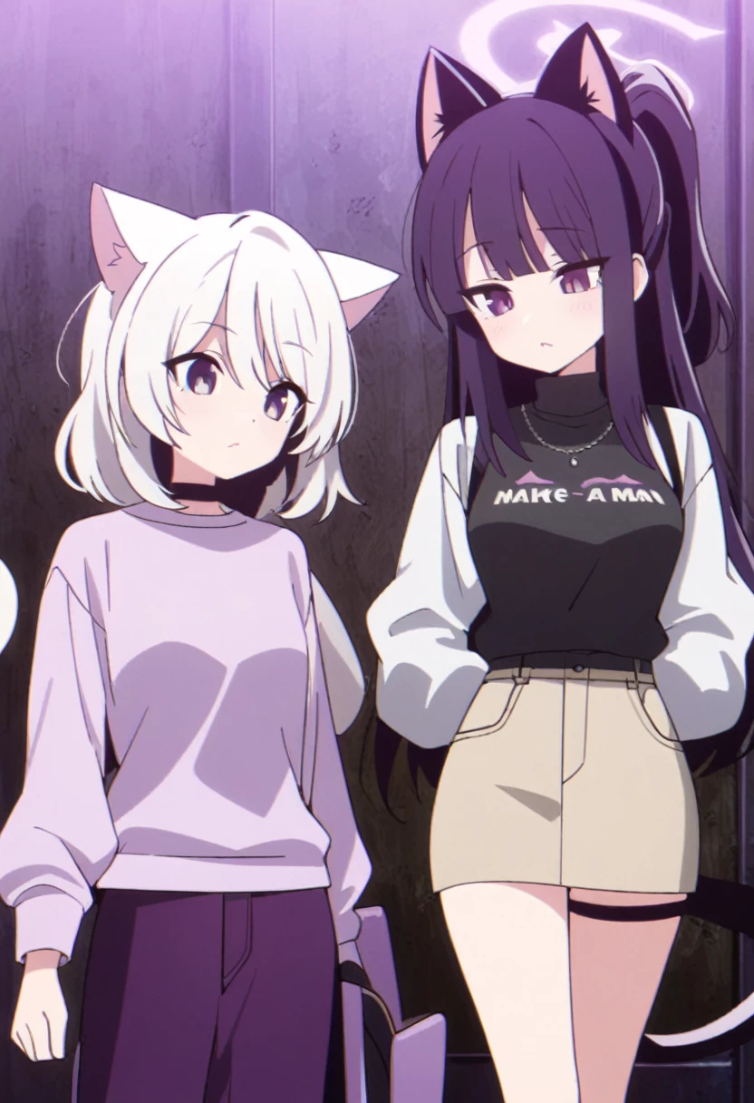 Make a man, 2d with female features white hair, cat ears and tail the same color as the hair, casual purple and white femboy outfits, Light purple eyes mixed with dark feminine features, artwork style:Masayoshi Tanaka