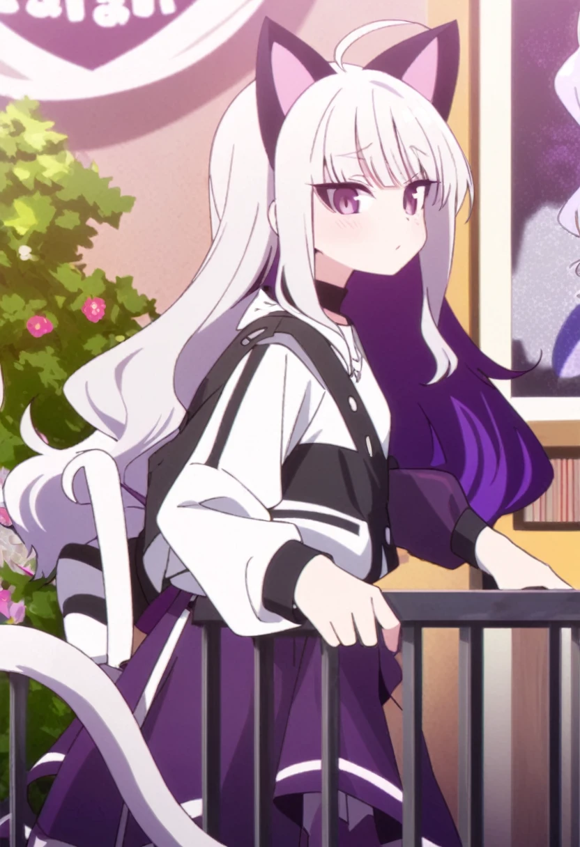 Make a man, 2d with female features white hair, cat ears and tail the same color as the hair, casual purple and white femboy outfits, Light purple eyes mixed with dark feminine features, artwork style:Masayoshi Tanaka