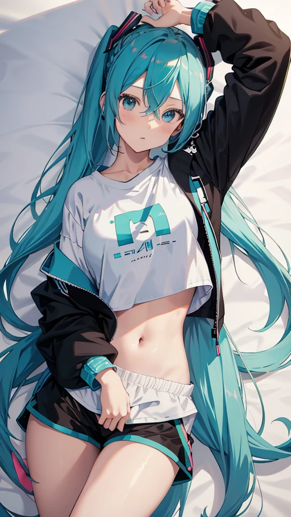 Hatsune miku add_detail:1, belly button, looking at the viewer, hand on hip, black jacket, dolphin shorts, ingle, (white shirt:1.2), braid, very long hair, Wide hips,
under the chest, shirt,
Big\(Body proportions\),
