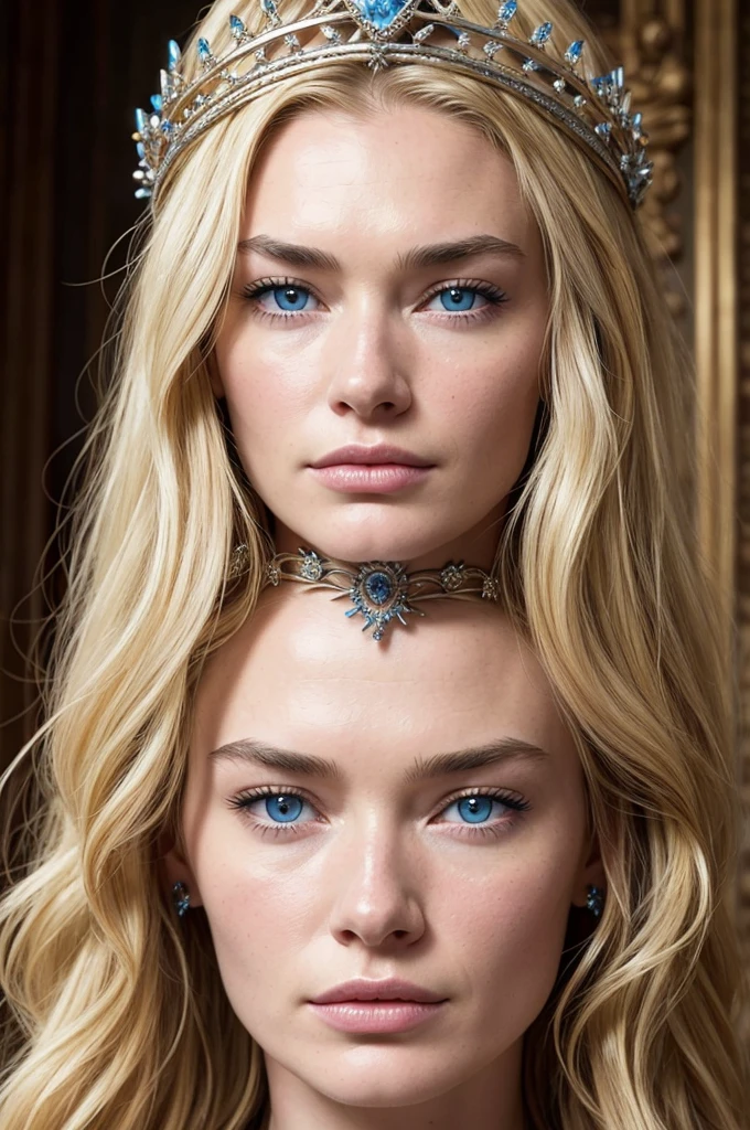 16 year old Lena Headey, ultra detailed face, ultra detailed blue eyes, long blonde hair, (queen dress), queen crown, (((masterpiece)))