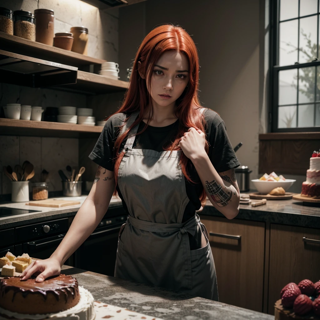 a woman with a tattoo, (([red|negro] Hair)), long Hair, wearing a negro apron,  kitchenndo, look at the viewer, kitchen, cake and cake in the background,  inside, (calming tones:1.0), (HDR:1.25), (art station:1.2), dramatic, (intricate details:1.14), (hyper realistic 3d rendering:1.16), (filmic:0.55), (rutkowski:1.1), (despondent:1.3) sex
