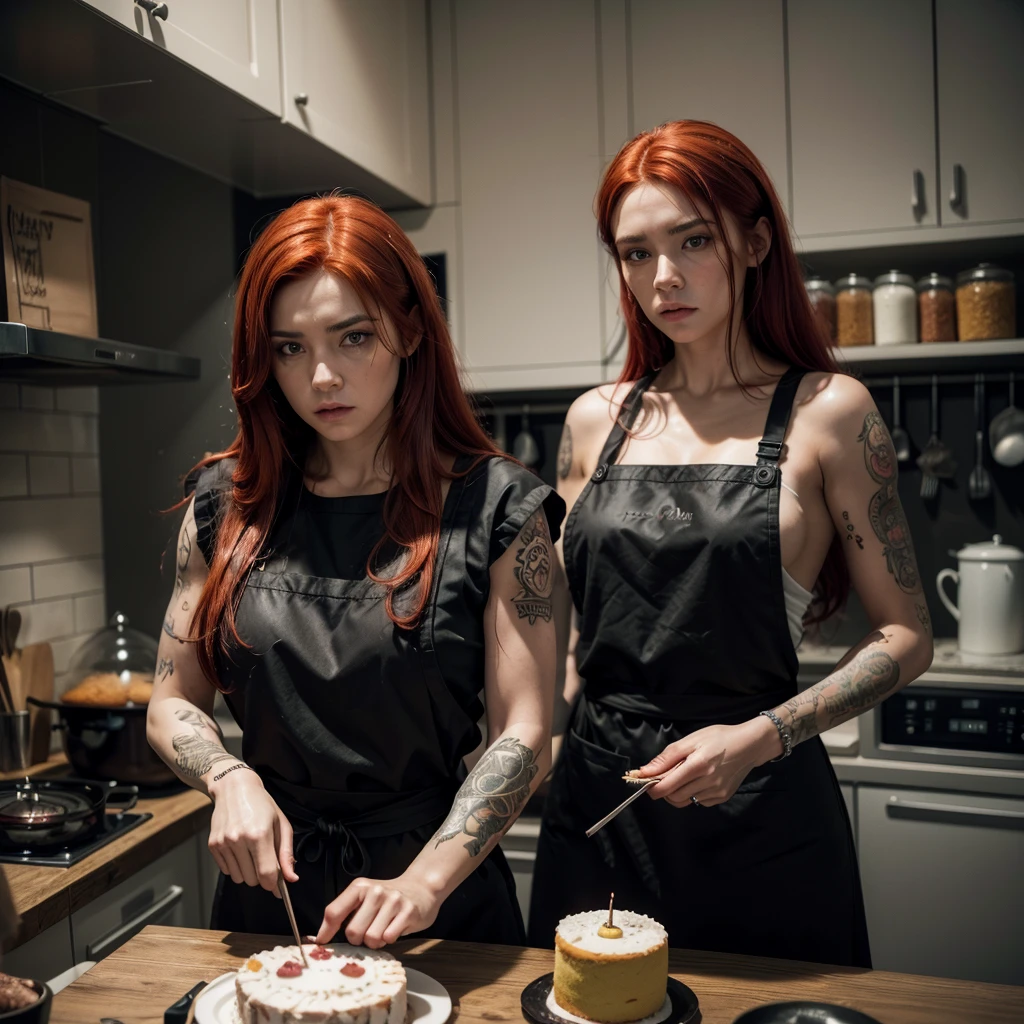 a woman with a tattoo, (([red|negro] Hair)), long Hair, wearing a negro apron,  kitchenndo, look at the viewer, kitchen, cake and cake in the background,  inside, (calming tones:1.0), (HDR:1.25), (art station:1.2), dramatic, (intricate details:1.14), (hyper realistic 3d rendering:1.16), (filmic:0.55), (rutkowski:1.1), (despondent:1.3) sex
