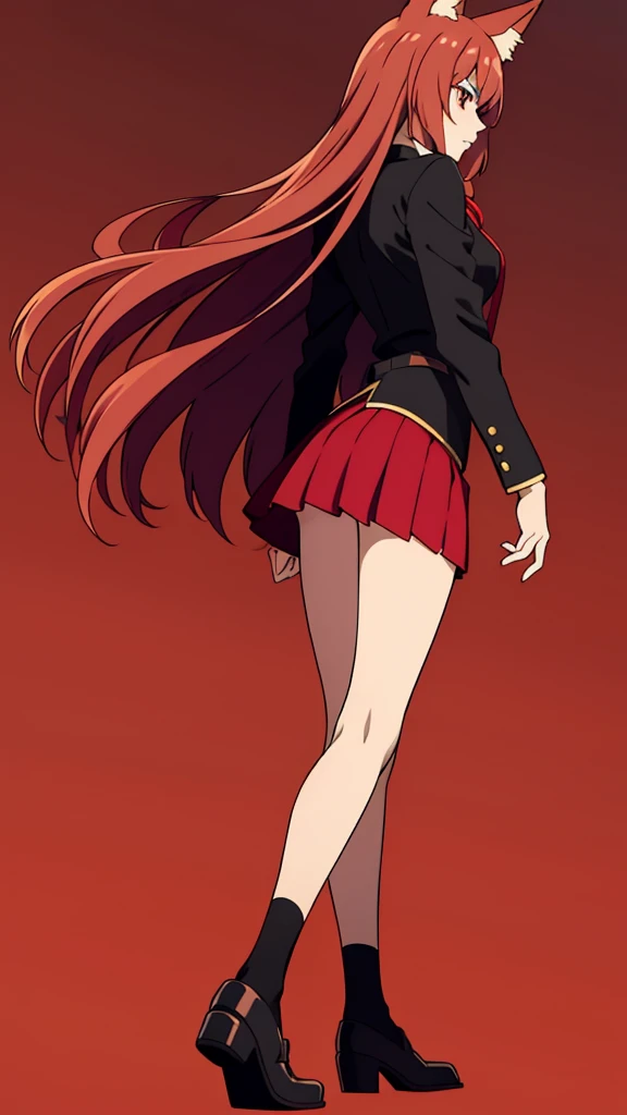 1girl ,20s,mature female,serious face,solo,red hair,red eyes,long hair,fox ears,hair between eyes,(simple background),necktie,black jacket, blazer,long sleeves,pleated skirt,full body,from back,looking ay view