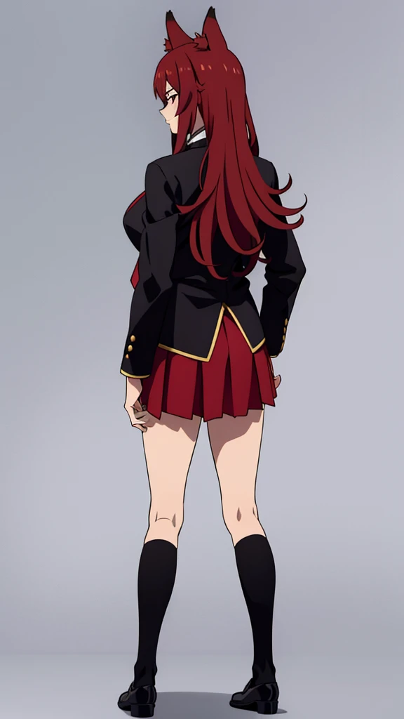 1girl ,20s,mature female,serious face,solo,red hair,red eyes,long hair,fox ears,hair between eyes,(simple background),necktie,black jacket, blazer,long sleeves,pleated skirt,full body,from back,looking ay view