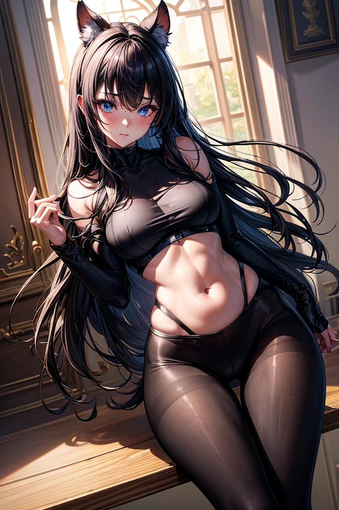 masterpiece, best quality, (extremely detailed CG unity 8k wallpaper), (best quality), (best illustration), (best shadow), absurdres, realistic lighting, (Abyss), beautiful detailed glow, simple and plain T-shirt, waist high legging pantyhose, seductive anime girl, sharp facial features, hourglass figure