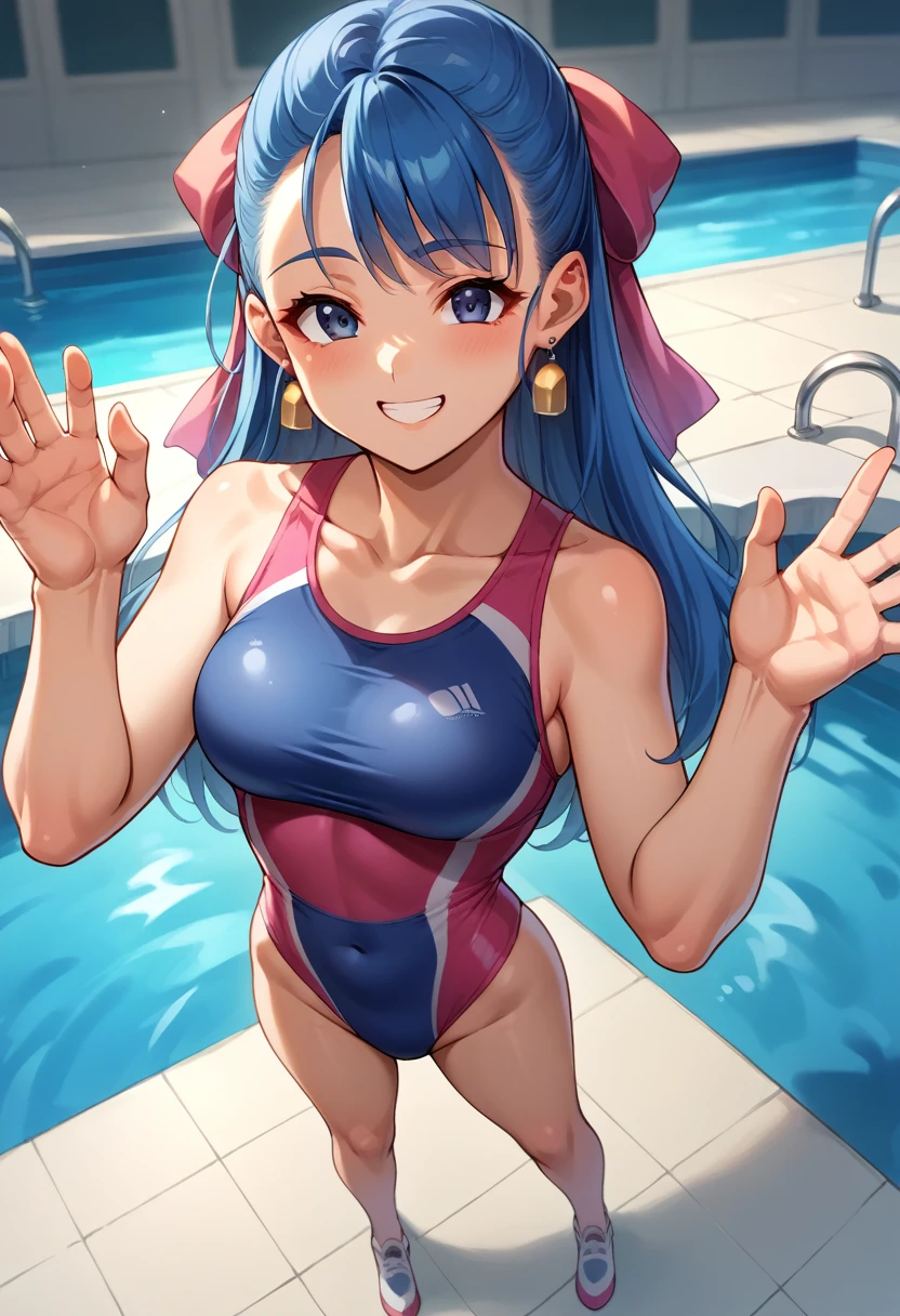 (highest quality, Super detailed, Very detailed CG, detailed and beautiful eyes, game CG, Moe, anime color:1.3), (NSFW:1.3),((nipple, exposed)),(touch nipple),random pose, (public indecency,strap slip dress_School_swimsuit:1.3),((medium breasts, thin, glowing skin)),((Sage DQ3, beautiful girl, long hair, blue hair, circlet, red eyes, blush your nose, Female dog、 open your mouth、panic))、(amusement park),pool, (crowd:1.3), Wet, vapor