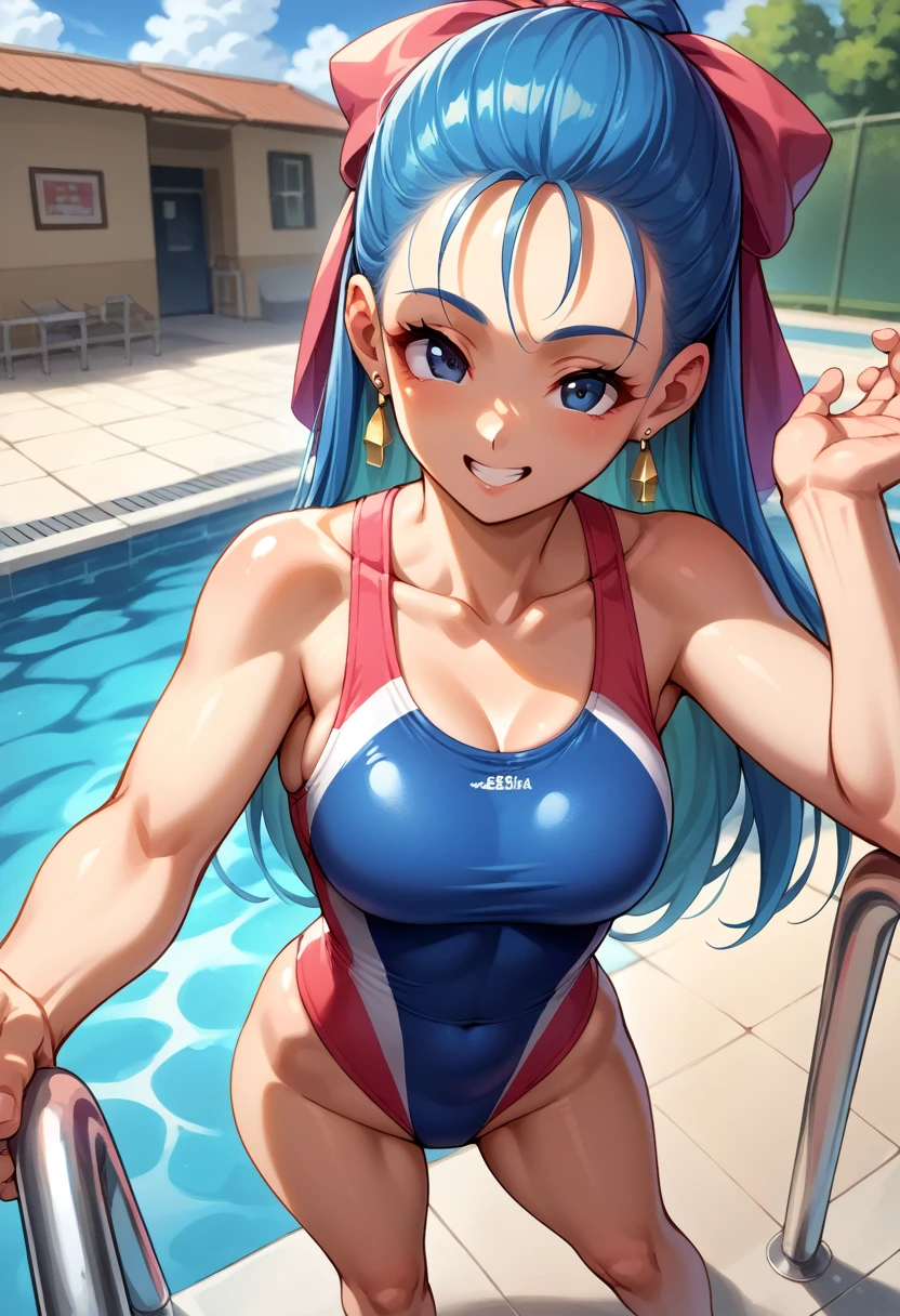 score_9, score_8_up, score_7_up, score_6_up, source_anime, BREAK 1girl, nera, hair ribbon, , earrings, blue competitive swimsuit, , looking at you, medium bust, , happy, smiling, mouth closed, full body, standing pose, indoor pool