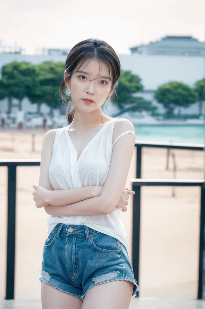 (Best quality, 8k, 32k, Masterpiece, UHD:1.2), 1girl, beautiy Japanese woman, a woman in denim shorts posing on the beach at sunset, long hair, Lee Ji Eun, hot with shining sun, casual pose, lee ji-eun, lee ji - eun, gorgeous young korean woman, korean girl, beautiful young korean woman, korean women's fashion model, sakimichan, IU