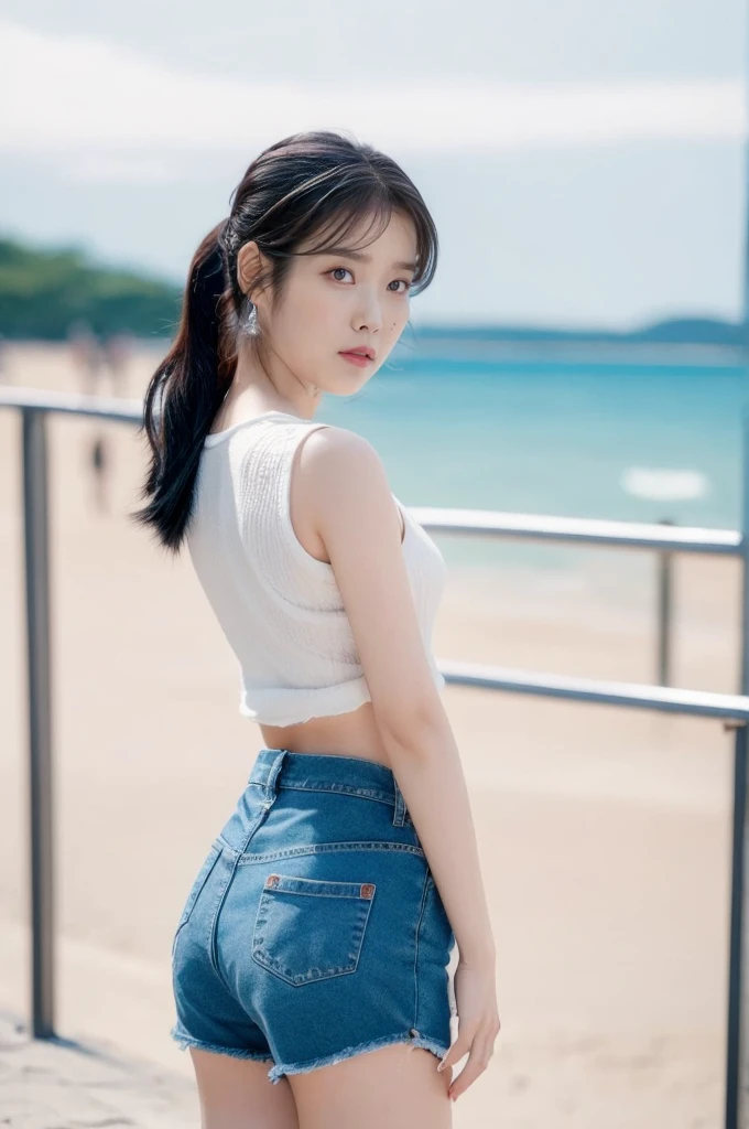 (Best quality, 8k, 32k, Masterpiece, UHD:1.2), 1girl, beautiy Japanese woman, a woman in denim shorts posing on the beach at sunset, long hair, Lee Ji Eun, hot with shining sun, casual pose, lee ji-eun, lee ji - eun, gorgeous young korean woman, korean girl, beautiful young korean woman, korean women's fashion model, sakimichan, IU