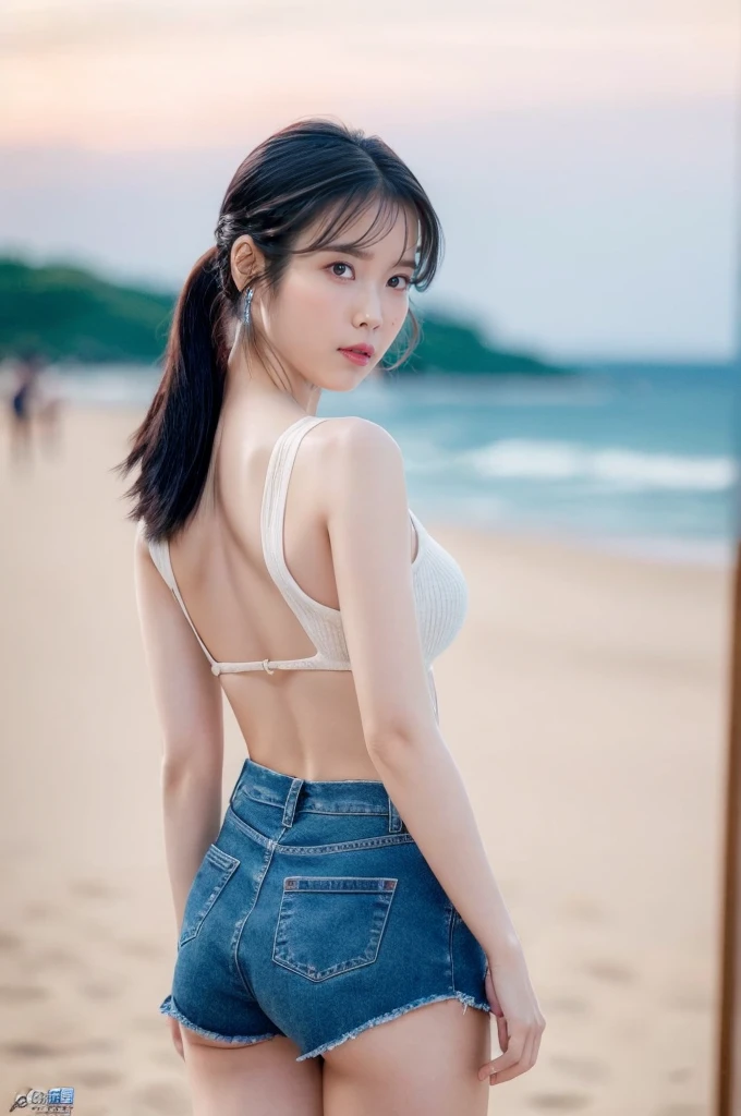 (Best quality, 8k, 32k, Masterpiece, UHD:1.2), 1girl, beautiy Japanese woman, a woman in denim shorts posing on the beach at sunset, long hair, Lee Ji Eun, hot with shining sun, casual pose, lee ji-eun, lee ji - eun, gorgeous young korean woman, korean girl, beautiful young korean woman, korean women's fashion model, sakimichan, IU