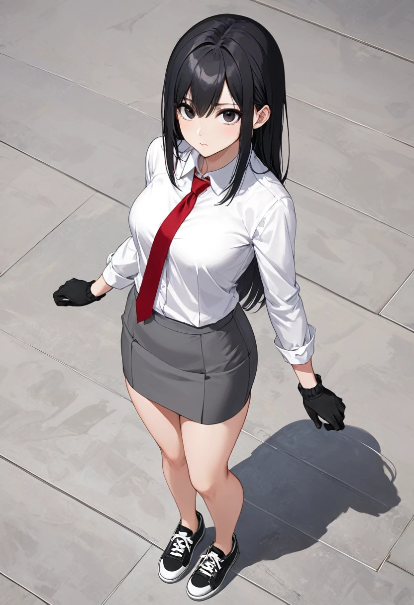 gray miniskirt , Black sneakers , white dress shirt , Gray pencil skirt , whole body , thighs , black hair , black eyes , straight hair , long sleeves , bare legs , View from above , Black gloves , red tie , standing posture , 