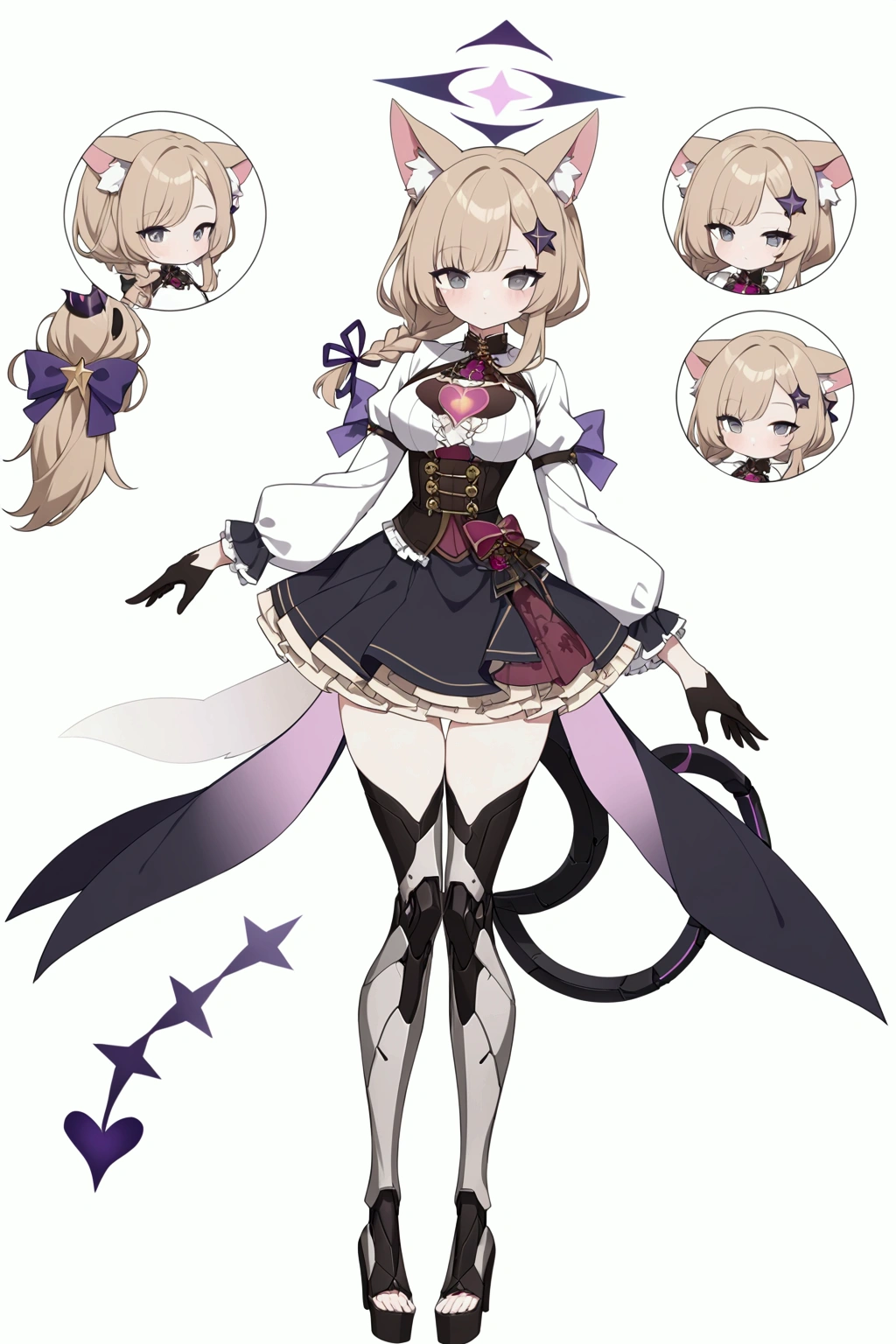 woman 170 cm tall. medium chest, wide hip, slim build, ((whole body)). (((character design sheet: front view))). (dark blonde hair, (hip-length wavy hair with asymmetrical bangs, star hairpin), (She has a short braid tied with an elegant purple ribbon on the left side of her hair above her chest). (She has a short braid tied with an elegant purple ribbon on the right side of her hair above her chest). She has small hair ties in the back of her hair..). ((Gray eyes with a pink 4-pointed star in the pupil)). (Two black and purple fox ears located on the top of the head). (Luminous black halo with purple star patterns above his head). He has a black collar with a heart emblem on his neck.. (Elegant long one piece dress, thigh-length lace and ruffle skirt, ribbon decorations and star patterns on the dress). black gloves, Black platform heels. gray belt at the waist with a large ribbon with a luminous pink heart in the middle. ((He has a succubus tail that ends in the shape of a purple heart.)). (((It has complex mechanical legs that reach up to the thighs and are black with small purple details..))). beautiful detailed hair, beautiful detailed dress. extremely detailed arms. extremely detailed face, small face, Beautiful detailed eyes, beautiful detailed lips. adorable. extremely detailed legs. (Best Quality, 4k, high resolution), ultra detailed, Exquisite and epic character art, ((White background)). (Focus on symmetry).
