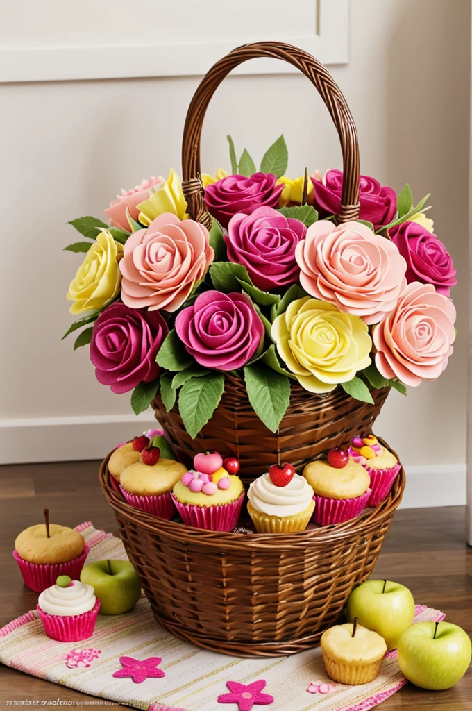 Create an advertising image of a decorative arrangement of a basket that has 1 cupcake, Sweet gummies, 1 snack , 1 small juice, 1 apple, everything in the basket for girls and boys 