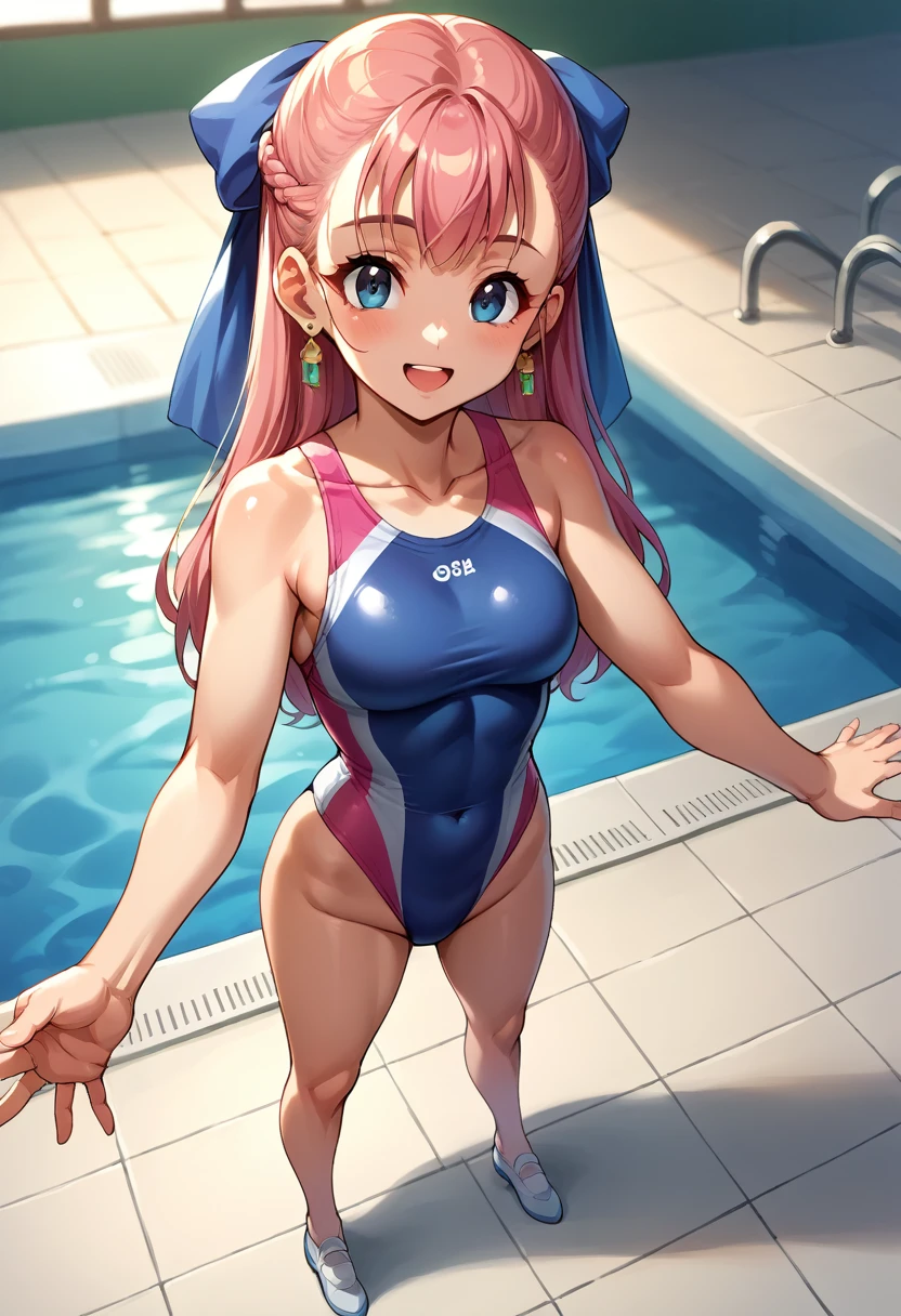 score_9, score_8_up, score_7_up, score_6_up, source_anime, BREAK 1girl, nera, hair ribbon, , earrings, blue competitive swimsuit, , looking at you, medium bust, , happy, smiling, mouth closed, full body, standing pose, indoor pool