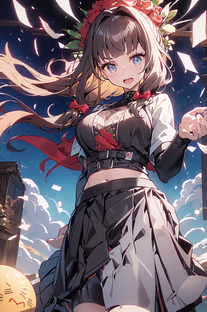 shinny skin, BREAK, ((alice in the wonderland:1.3, cute, kawaii, lovely, funny, a girl falling down from sky:1.3, girl flying in sky:1.4, girl floating in air:1.5, rolling upskirt by wind:1.6, (with sparkling eyes and a contagious smile),open mouth, Looking at Viewer, surprised, putting hands on crotch over the skirts:1.6)), BREAK, ((floating things as follows:1.3, PlayingCards, Trump, tea cup, tea pot, tea spoons, pocket watch:1.3, lip sticks, candies:1.2, cookies, jam bottles, classical door_keys)), ((long purply_Blue dress :1.5, wearing long flaired skirt:1.3, the skirt is blowing:1.3, cute pink Apron, black stocking:1.2,garter stocking, cleavage:1.2, midriff, black shorts, black thighhighs, thigh strap, medium long platinum-blonde hair:1.2, twin tail hair:1.6, tied hair with a large ribbon), (Blue eyes, bright pupils with highlights, detailed eyes),