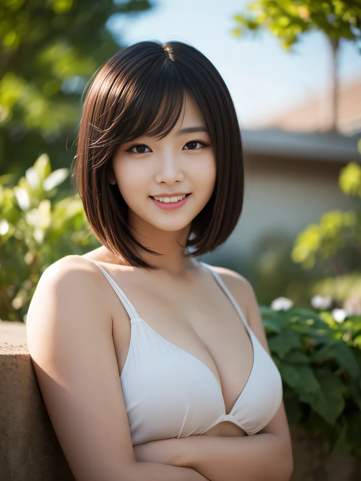 (1girl:1.3), Masterpiece, Best quality, amazing beauty, 4K, absurdres, finely detail, super detailed eye, perfect anatomy, official art, cinematic lighting, BREAK, garden, sandy beach, silky bob cut, black hair, super shiny detailed black eye, tareme, Looking at Viewer(camera), happy face, Rejoicing, BREAK , big breasts, diminutive, fair skin, Are standing, full body, BREAK , , BREAK,()
