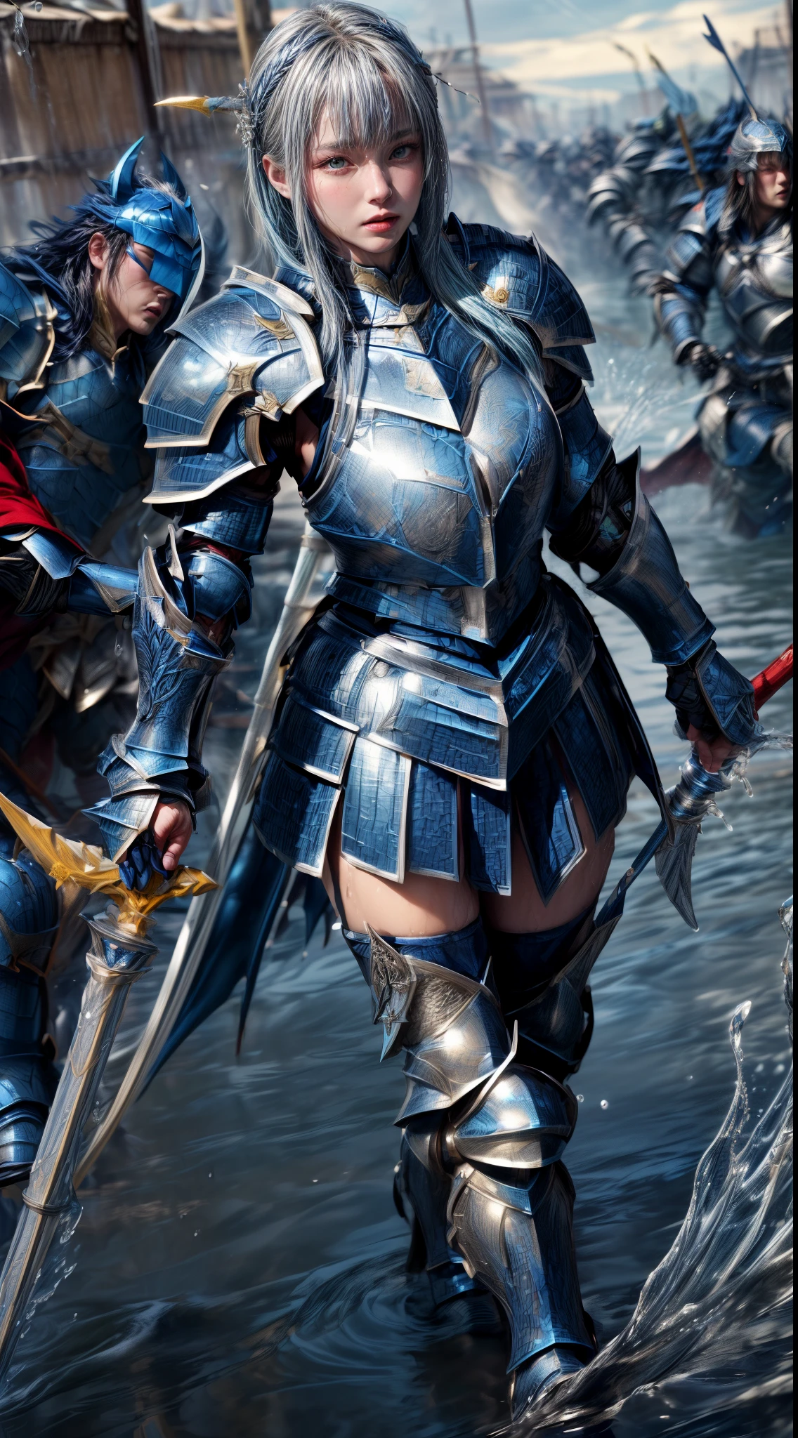 Very beautiful woman、Slender women、(Detailed face)、Realistic Skin、((Water Knight:1.1)), ((Dark blue armor))、((((Dark blue armor with very fine platinum detailing:1.5))))、((Delicate photo))，(Girl Astepeace RAW Photo Details:1.25), (Highest quality:1.6), (Ultra-high resolution:1.5), (Realistic:1.75), 8K resolution, Canon EOS R5, 50mm, Absurd, Super detailed,Cinema Lighting,((Fightfield))、((Fight))、(((White skirt with embellishments)))、Thigh-high socks、Shingard、((Light blue hair))、((Bowl cut hairstyle with bangs))、(Six Pack:1.1)、Cape、Beautiful Armor、(((Has a huge weapon)))、(In combat)、The wind is blowing、((Symmetrical armor))、((((splash:1.1))))、(((Leads a large group of blue knights:1.2)))、banner、(Armor with a dragon motif)、(((Battle Scenes)))、(blue Dragon)、((Browsing Caution:1.1))、(((Use the magic of water:1.2)))