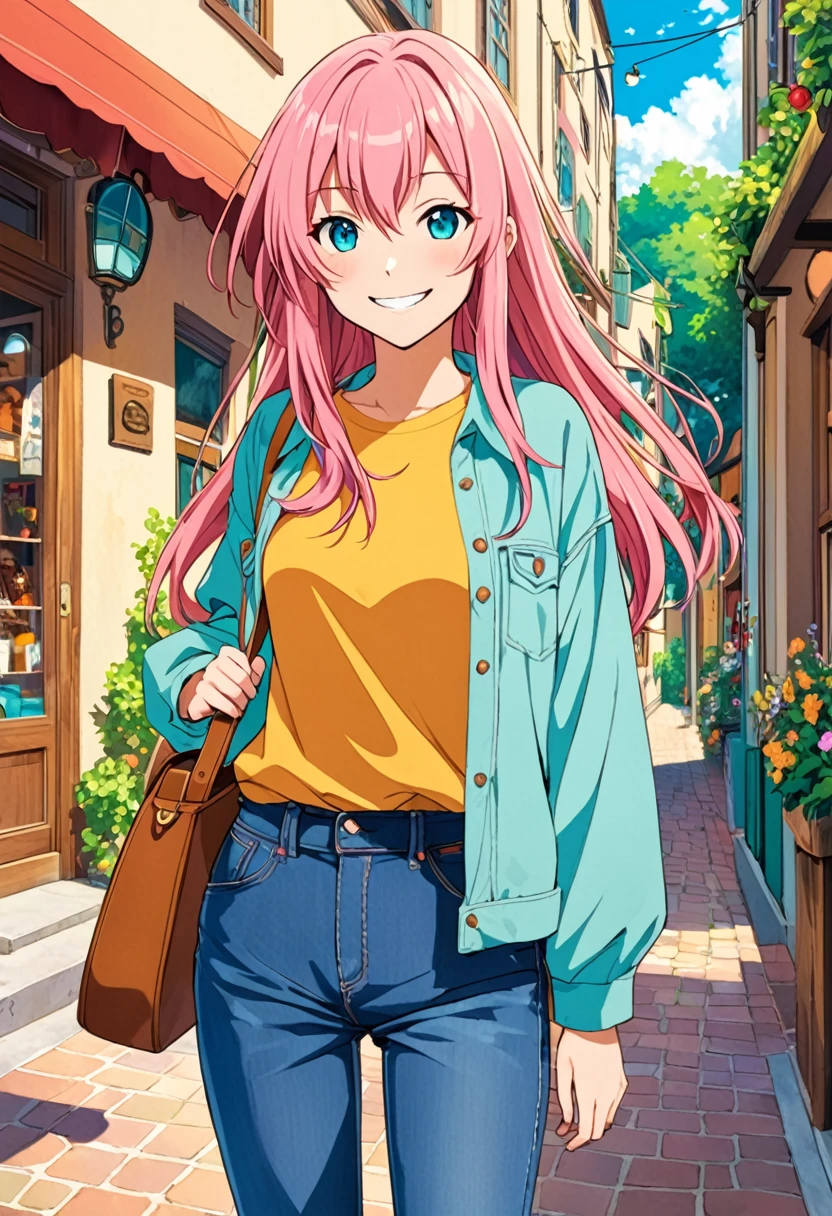 Luka Megurine smile casual clothes jeans colorful piece Ghibli
