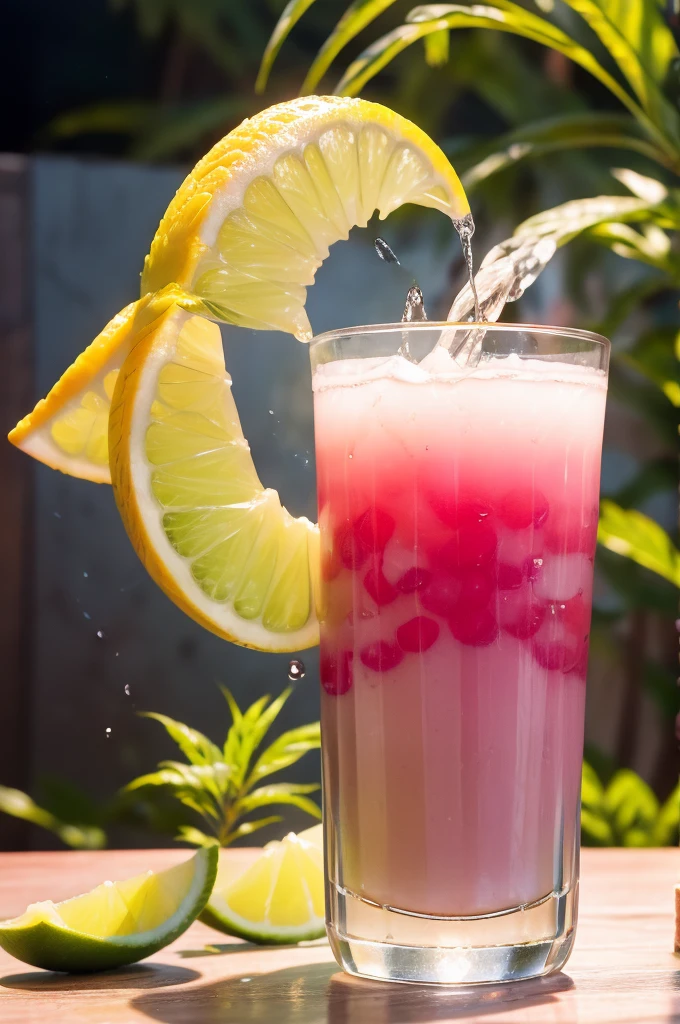 An image of a fresh, juicy fruit, from which a refreshing drop of juice flows. Bright colors are associated with nature and freshness.