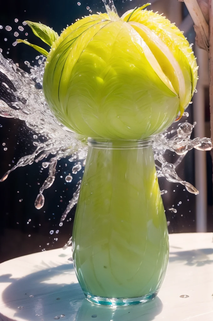 An image of a fresh, juicy fruit, from which a refreshing drop of juice flows. Bright colors are associated with nature and freshness.