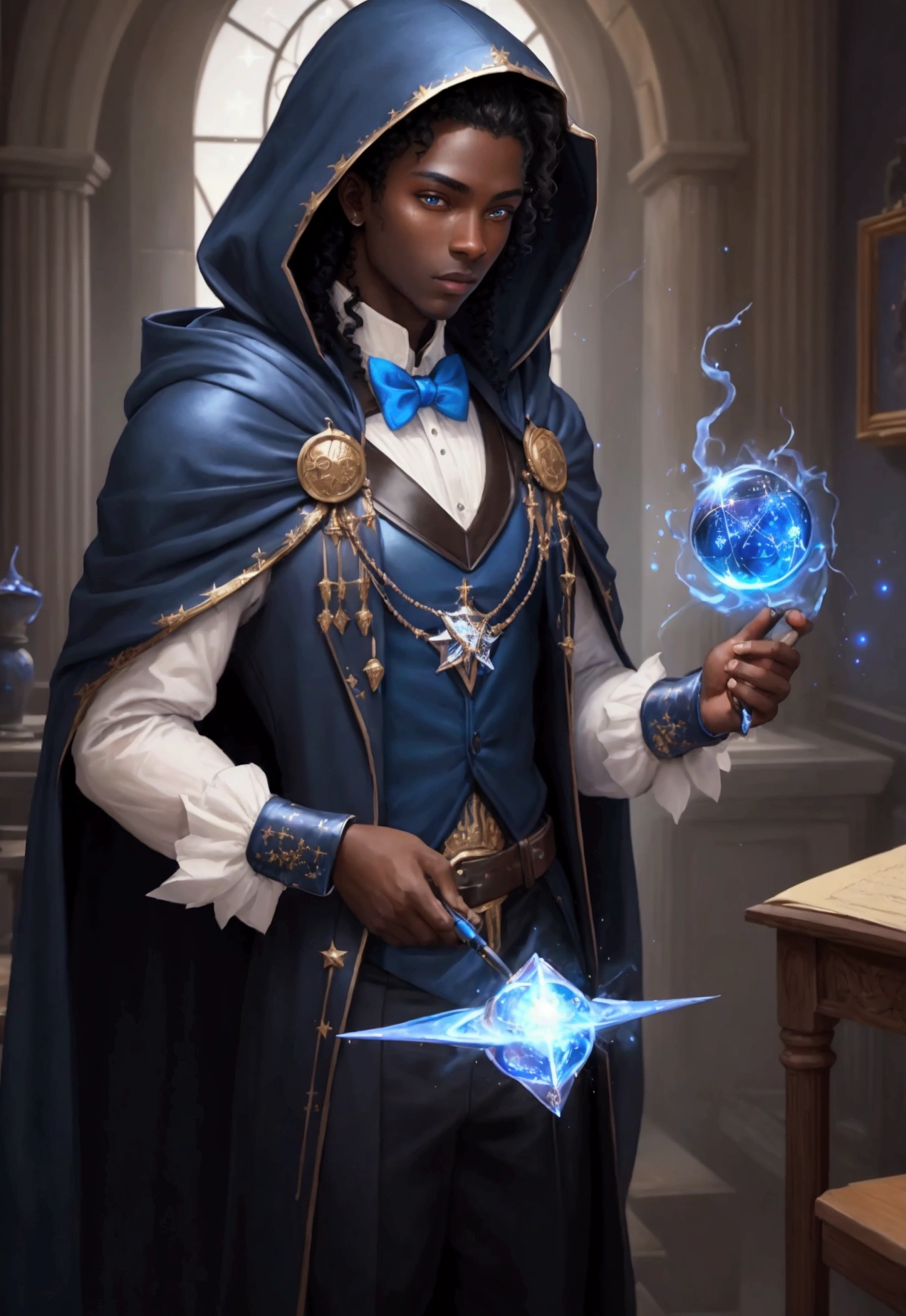 ((best qualityer)), ((work of art)), (detailded), 1 boy, darkskin, black curls, magician, Mediovale, Blue hood, starry outfit, magie, magician, sorcerer, bonitas, blue and white outfit, RPG