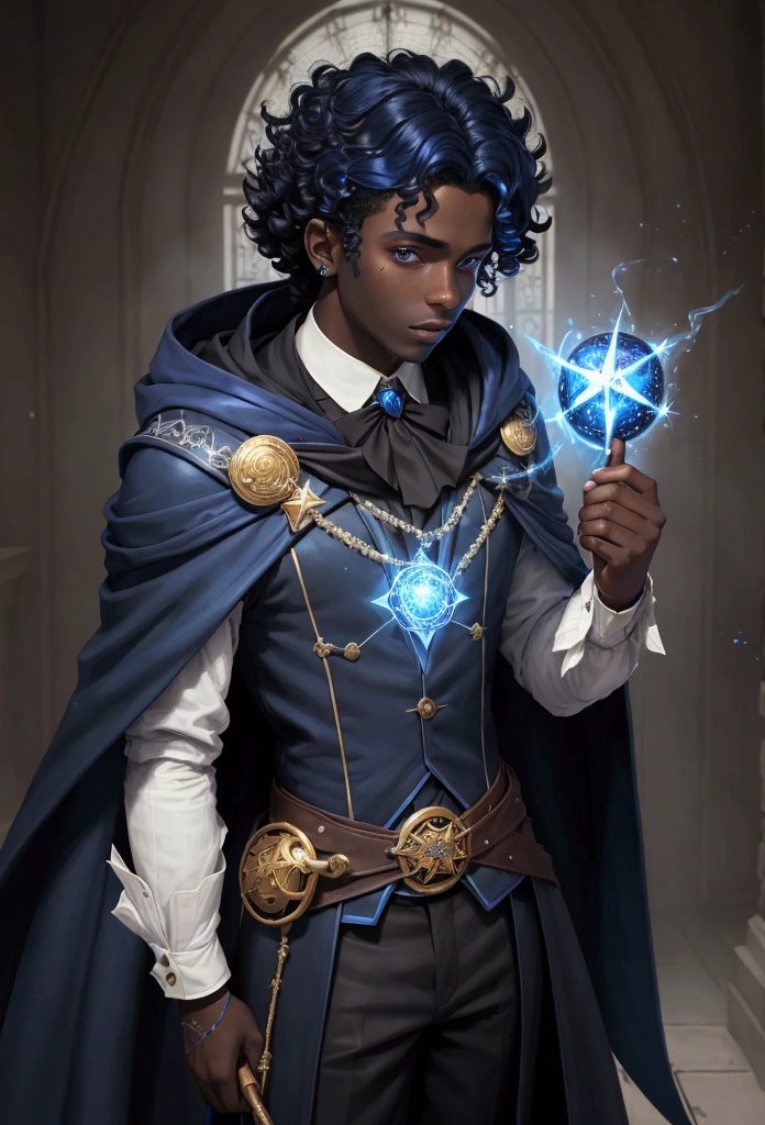 ((best qualityer)), ((work of art)), (detailded), 1 boy, darkskin, black curls, magician, Mediovale, Blue hood, starry outfit, magie, magician, sorcerer, bonitas, blue and white outfit, RPG