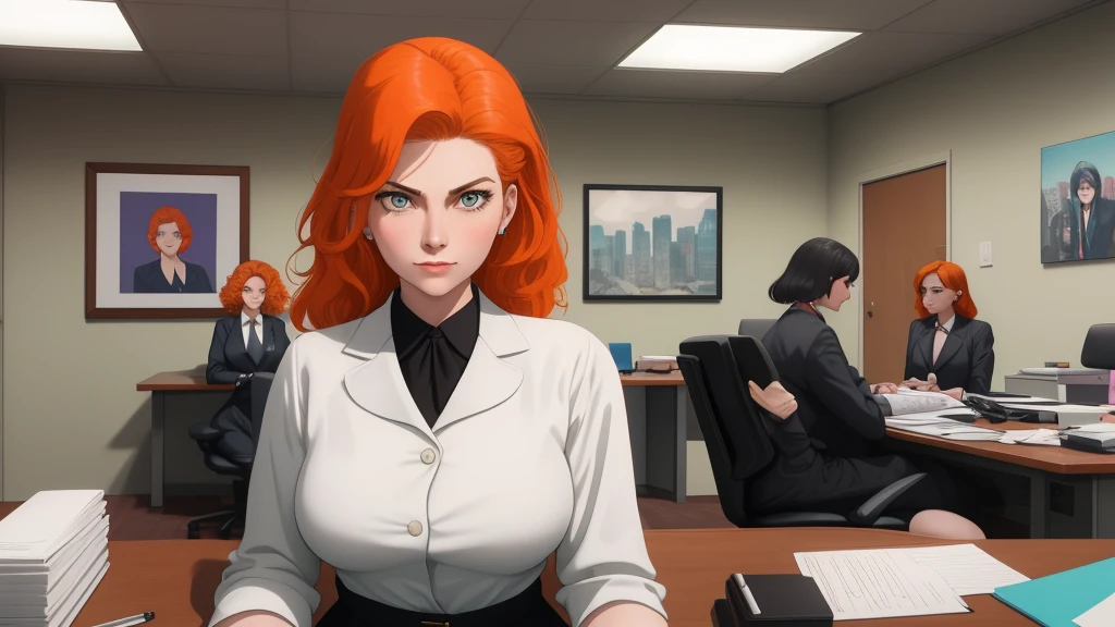 /draw orange hair woman green eyes sitting at desk talking on telephone with computer monitor, 1 9 8 0 s vaporwave business fashion, business woman, 1 9 8 0 s woman, woman in business suit, young business woman, denis velleneuve, female in office dress, sat at her desk, female lawyer, wearing a strict business suit, serious business, working hard, portrait of kim wexler