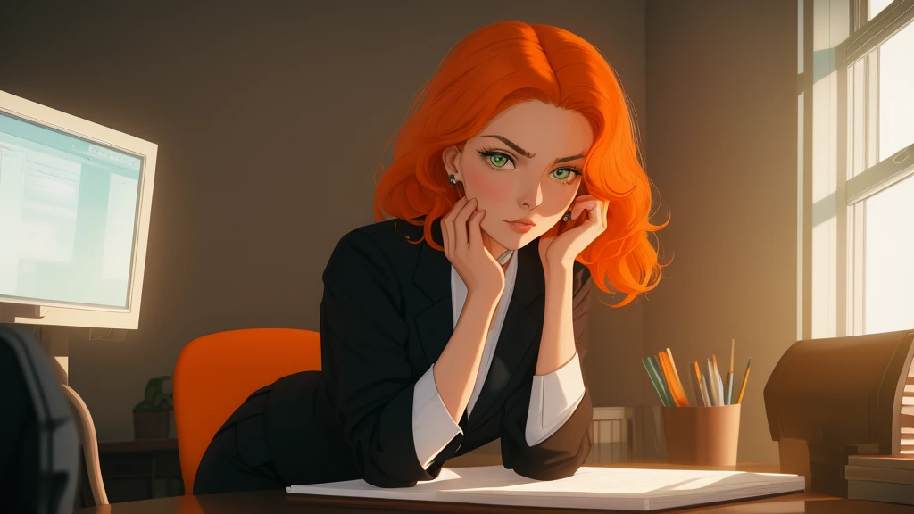 /draw orange hair woman green eyes sitting at desk talking on telephone with computer monitor, 1 9 8 0 s vaporwave business fashion, business woman, 1 9 8 0 s woman, woman in business suit, young business woman, denis velleneuve, female in office dress, sat at her desk, female lawyer, wearing a strict business suit, serious business, working hard, portrait of kim wexler
