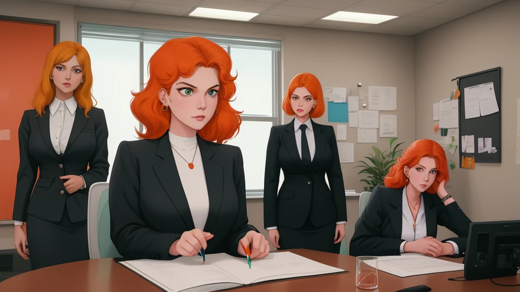 /draw orange hair woman green eyes sitting at desk talking on telephone with computer monitor, 1 9 8 0 s vaporwave business fashion, business woman, 1 9 8 0 s woman, woman in business suit, young business woman, denis velleneuve, female in office dress, sat at her desk, female lawyer, wearing a strict business suit, serious business, working hard, portrait of kim wexler
