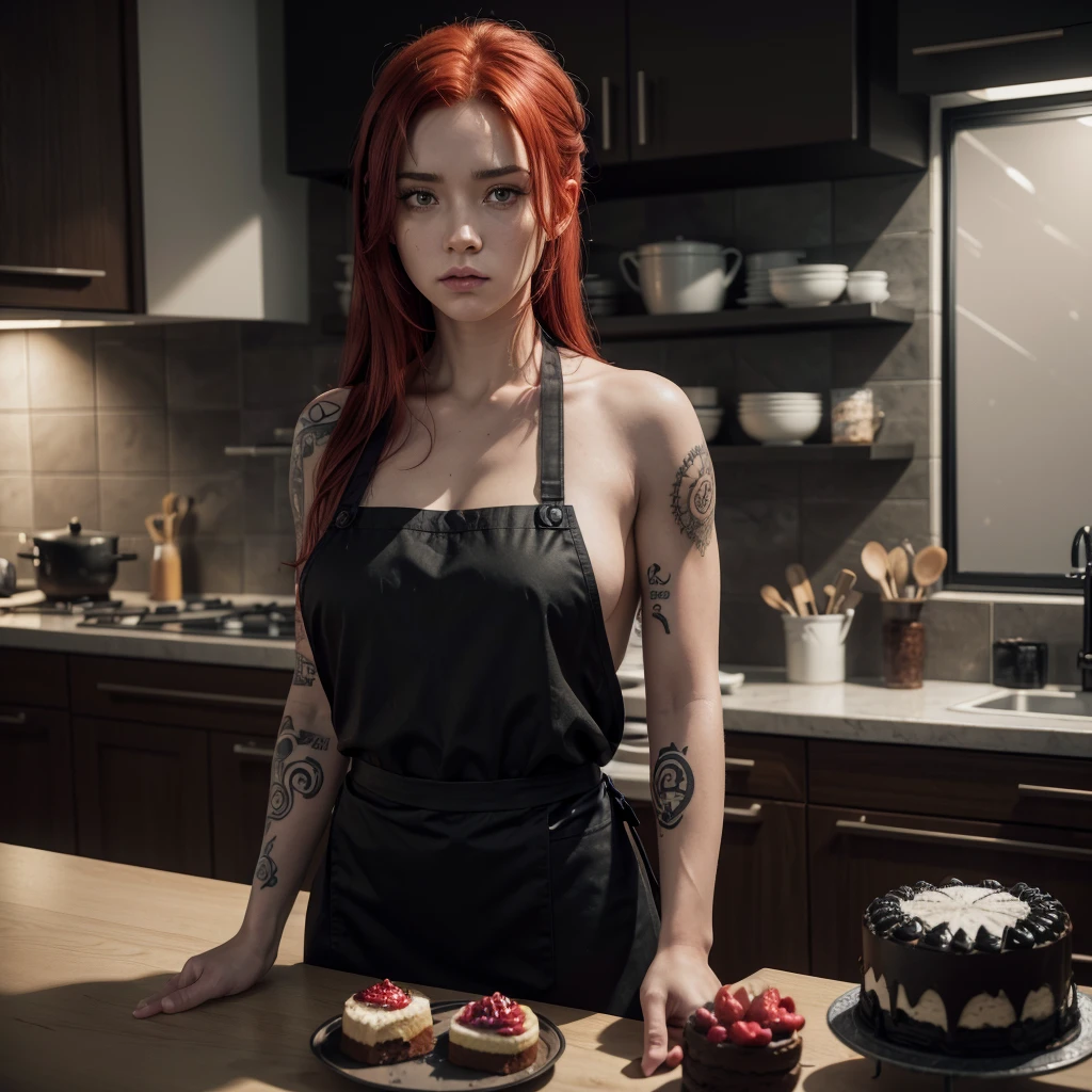 a woman with a tattoo, (([red|negro] Hair)), long Hair, wearing a negro apron,  kitchenndo, look at the viewer, kitchen, cake and cake in the background, weigh in, (calming tones:1.0), (HDR:1.25), (art station:1.2), dramatic, (intricate details:1.14), (hyper realistic 3d rendering:1.16), (filmic:0.55), (rutkowski:1.1), (despondent:1.3) sex
