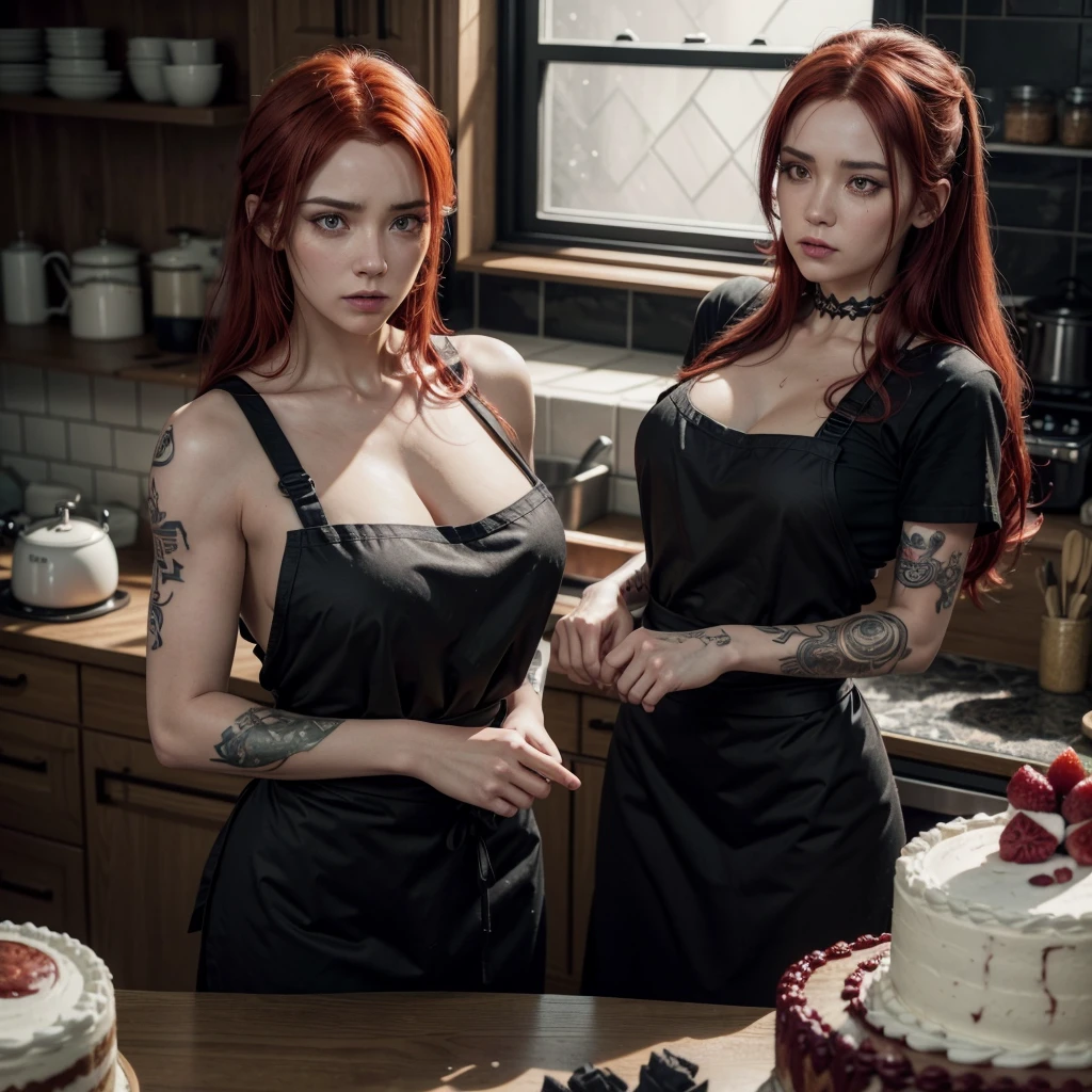 a woman with a tattoo, (([red|negro] Hair)), long Hair, wearing a negro apron,  kitchenndo, look at the viewer, kitchen, cake and cake in the background, weigh in, (calming tones:1.0), (HDR:1.25), (art station:1.2), dramatic, (intricate details:1.14), (hyper realistic 3d rendering:1.16), (filmic:0.55), (rutkowski:1.1), (despondent:1.3) sex

