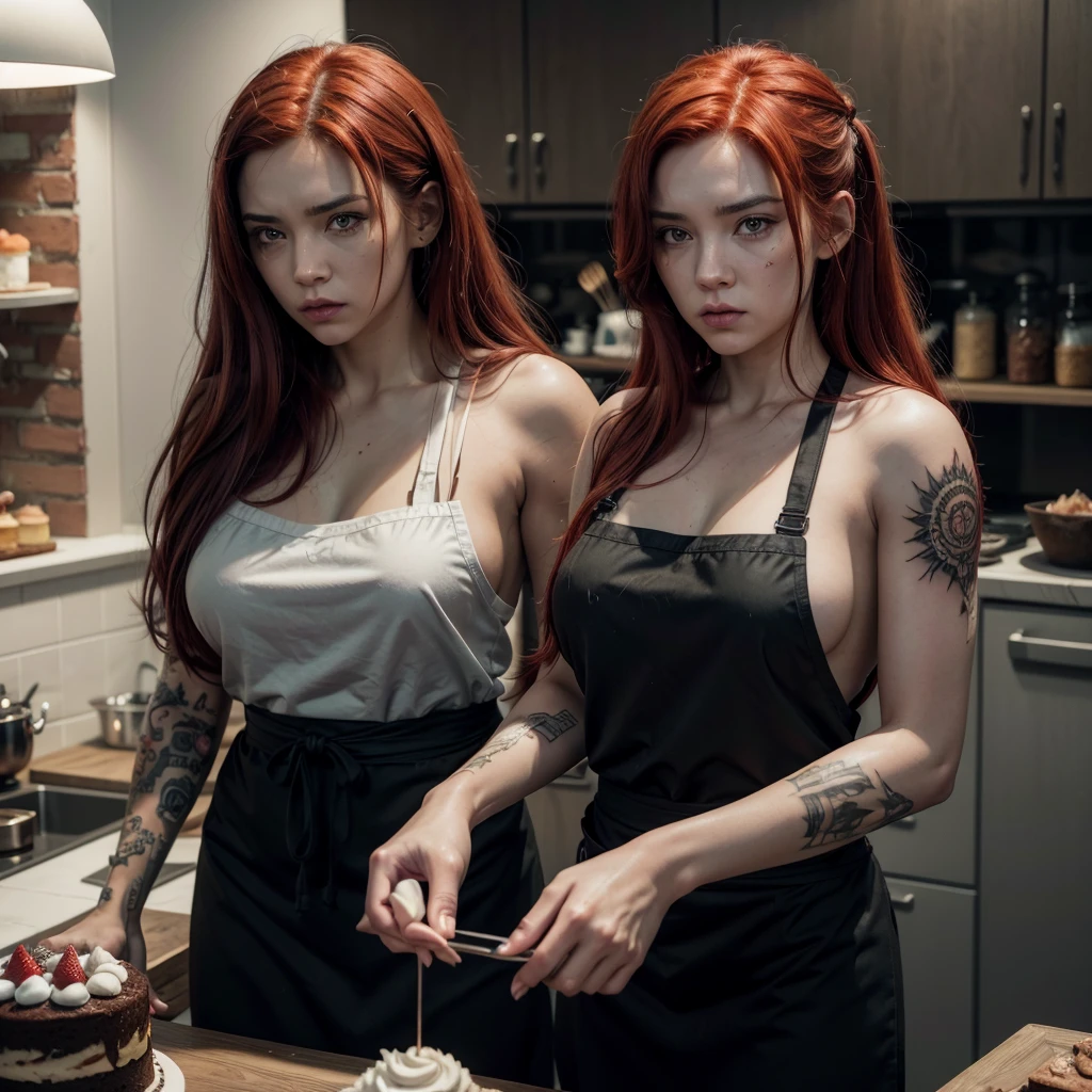 a woman with a tattoo, (([red|negro] Hair)), long Hair, wearing a negro apron,  kitchenndo, look at the viewer, kitchen, cake and cake in the background, weigh in, (calming tones:1.0), (HDR:1.25), (art station:1.2), dramatic, (intricate details:1.14), (hyper realistic 3d rendering:1.16), (filmic:0.55), (rutkowski:1.1), (despondent:1.3) sex
