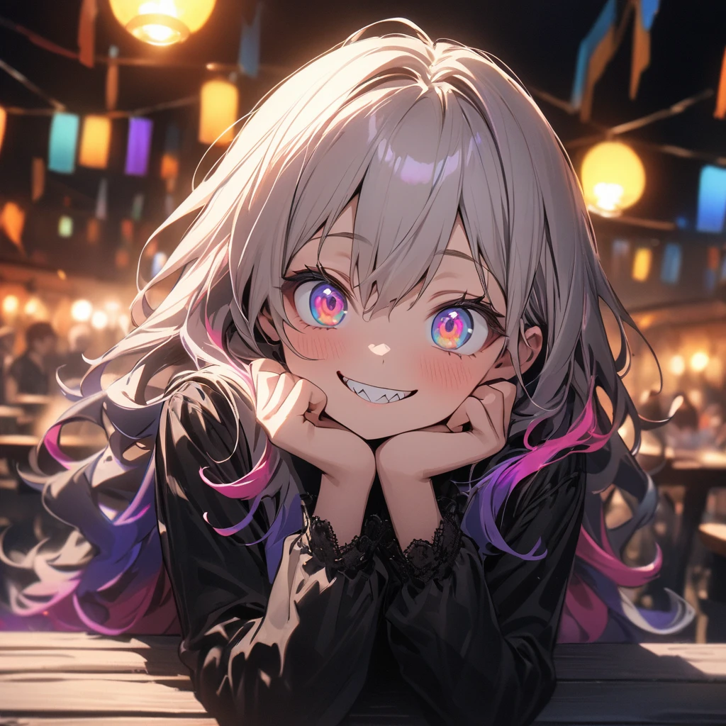 ((Masterpiece)), ((best quality)), (super detail:1.2),(High Definition:1.3), (Professional Photography:1.2), (very aesthetic:1.2), (absurdres:1.2), (depth of field), cinematic lighting, (sharp focus), (perfect light), (()), cute young Girl, fluffy hair, colorful hair, long hair, big eyes, (long eyelashes), ((baggy eyes)), colorful eyes, round eyes, (naughty smile), open mouth, jagged teeth, joy, pop, cute, Colorful, (place hand on cheek), (colorful:1.3), gothic makeup, ((obscurity atmosphere)), (on the Midsummer Cafe Terrace),