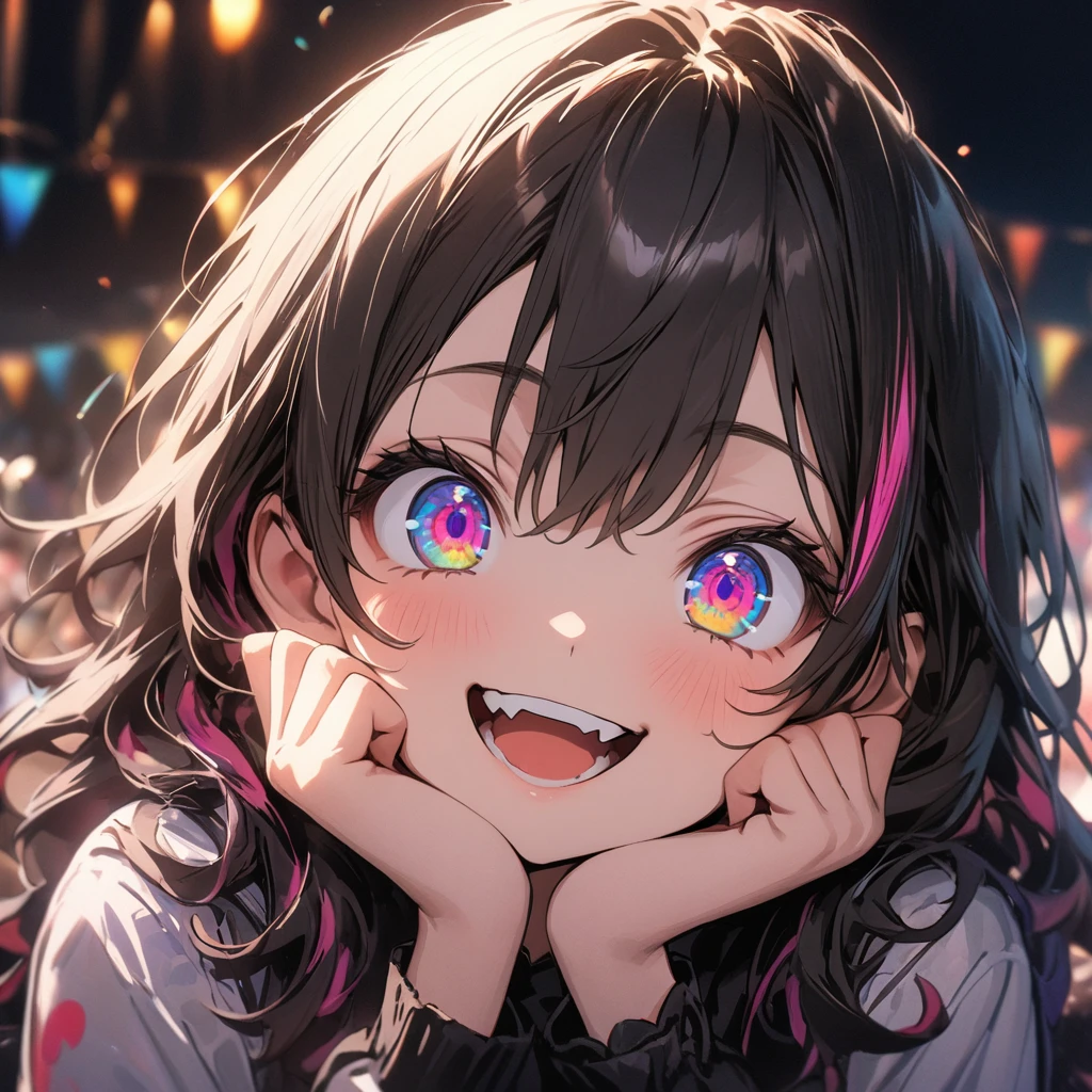 ((Masterpiece)), ((best quality)), (super detail:1.2),(High Definition:1.3), (Professional Photography:1.2), (very aesthetic:1.2), (absurdres:1.2), (depth of field), cinematic lighting, (sharp focus), (perfect light), ((12 years old)), cute young Girl, fluffy hair, colorful hair, long hair, big eyes, (long eyelashes), ((baggy eyes)), colorful eyes, round eyes, (naughty smile), open mouth, jagged teeth, joy, pop, cute, Colorful, (place hand on cheek), (colorful:1.3), gothic makeup, ((obscurity atmosphere)), (on the Midsummer Cafe Terrace),