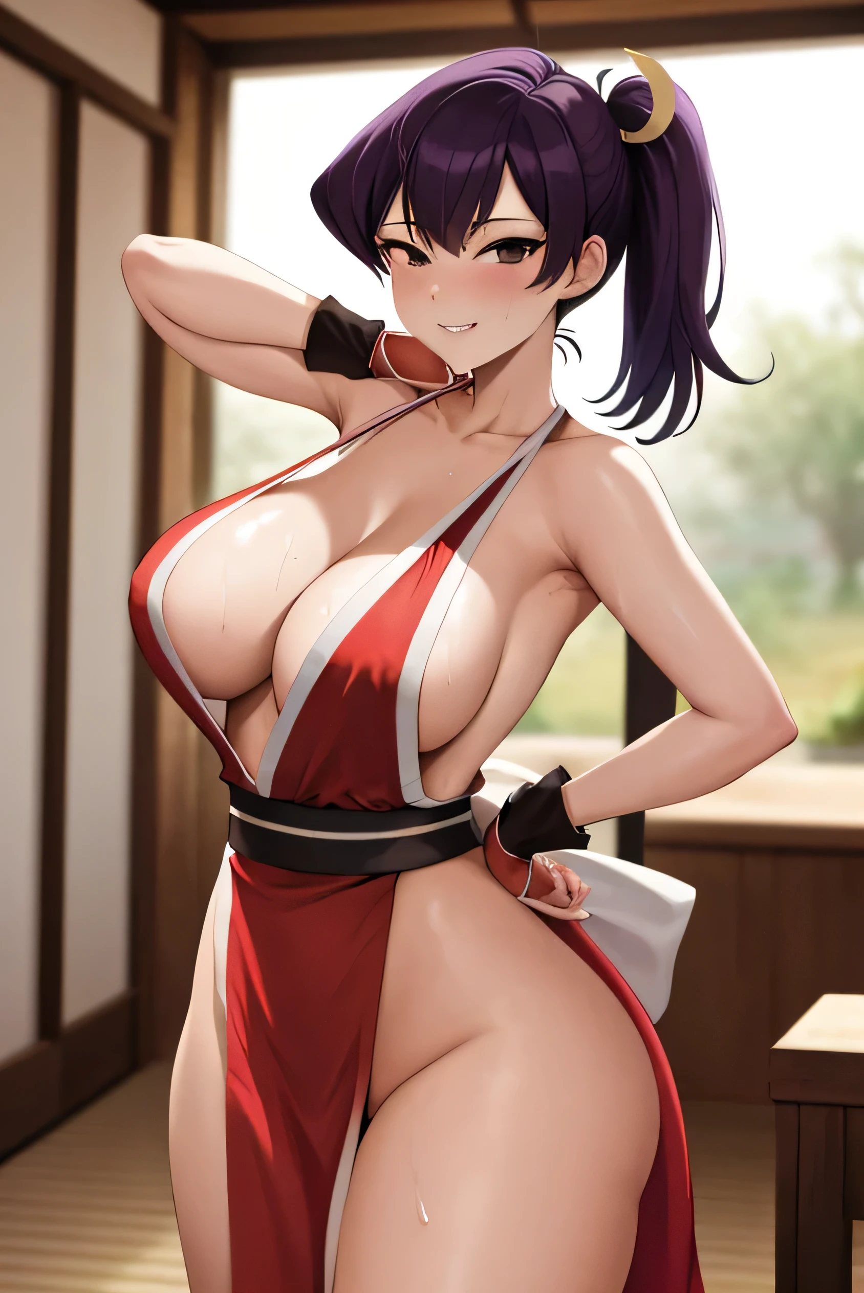 masterpiece, best quality, beautiful art, high resolution, well formed hands, body and fingers, 1 woman, solo, Komi Suuko, purple hair, grown up, cosplaying as Mai Shiranui , mai_shiranui_cosplay, adult, large and round breasted, cleavage full body picture , hair ribbon, gorgeous legs and, thighs, sexy Japanese clothes, hair ornament , sexy legs , hips and thighs, dancing seductively and erotically, turning backwards and forwards, showing her back and front, showing her butt, red t back thong, smiling joyfully, sweating ,looking at the viewer, flirting, biting her lips, beach environment